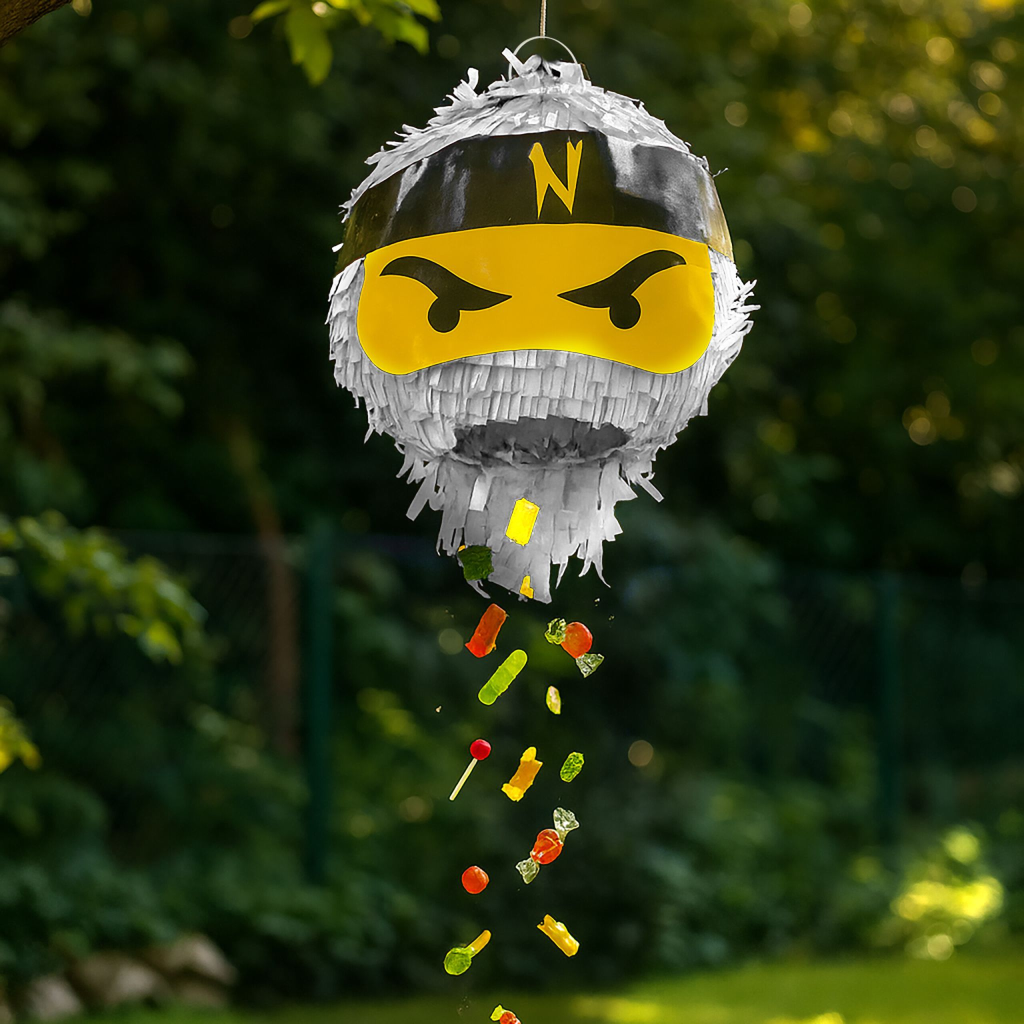 Pinata Ninja mit Stab & Maske Weiss-Gelb-Schwarz von Relaxdays