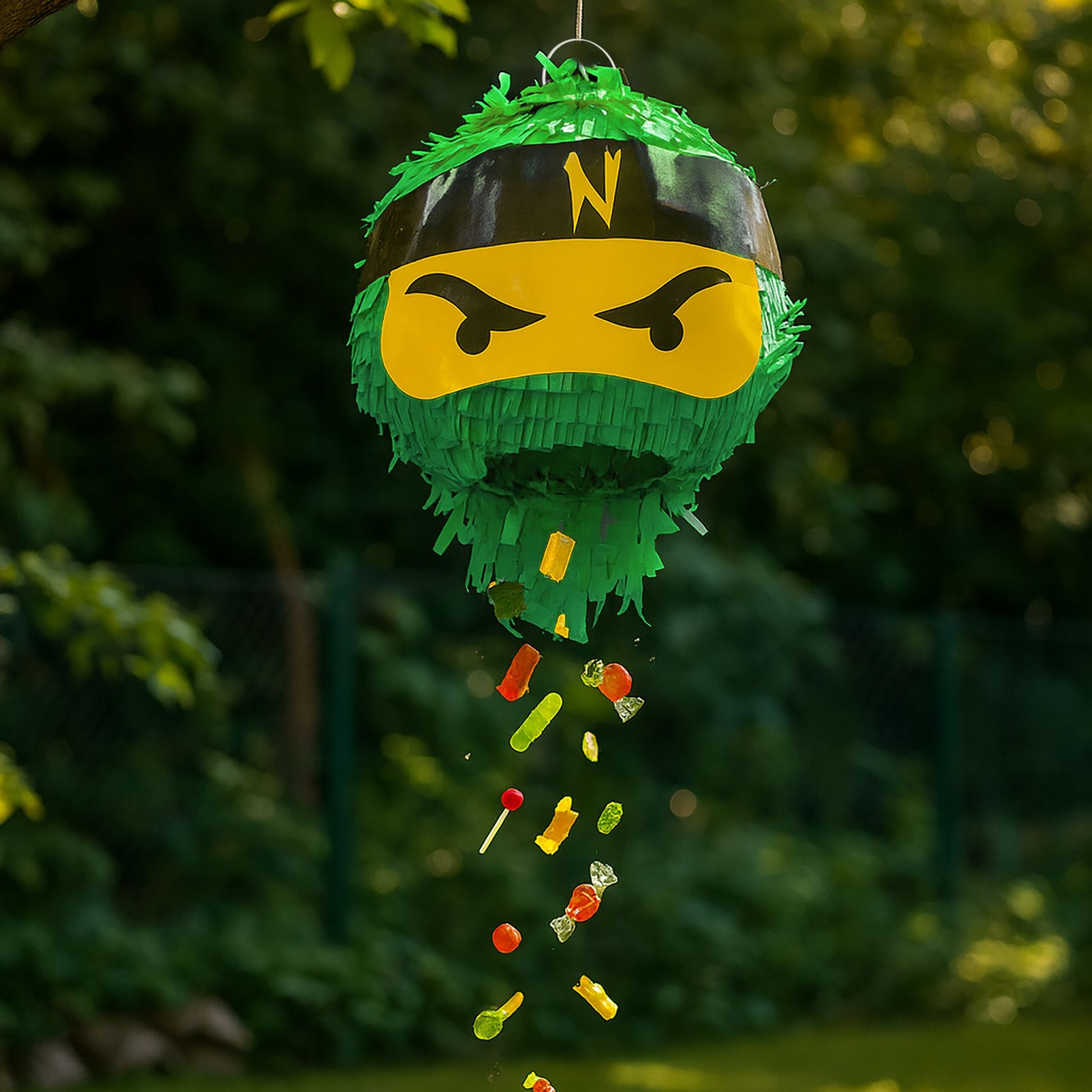 Pinata Ninja mit Stab & Maske Gelb-Grün-Schwarz von Relaxdays