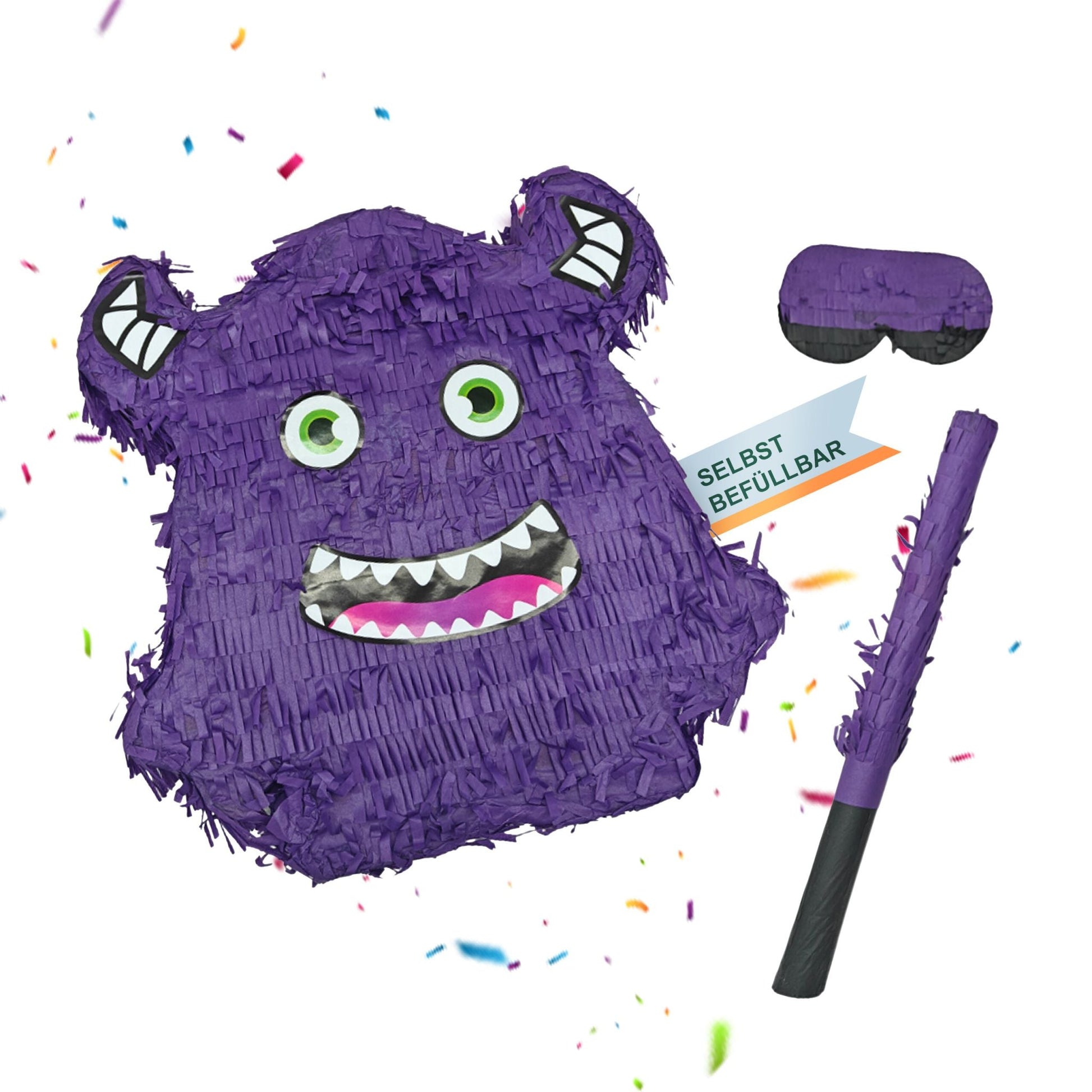 Pinata Monster mit Stab und Maske Lila-Pink-Schwarz von Relaxdays