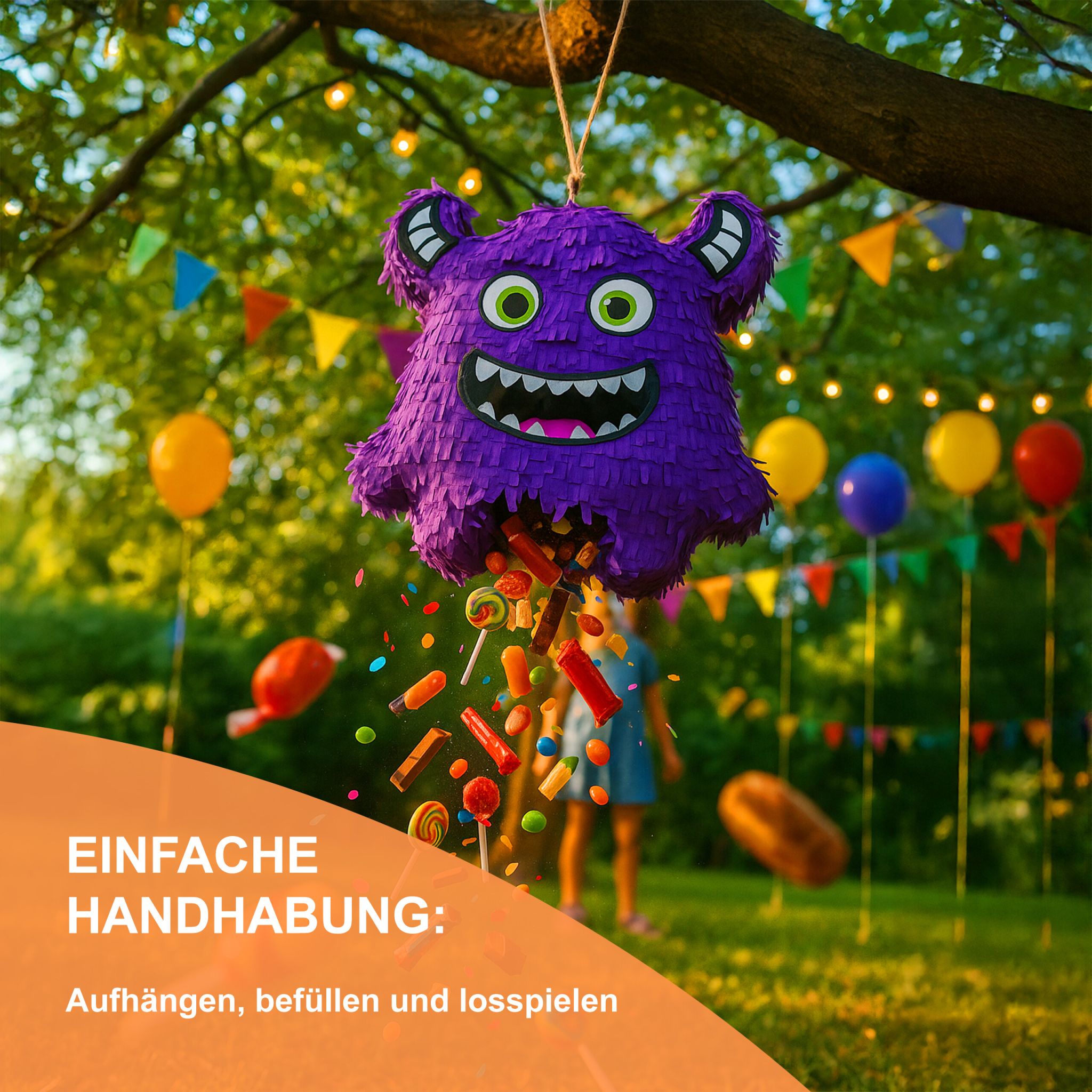 Pinata Monster mit Stab und Maske Lila-Pink-Schwarz von Relaxdays