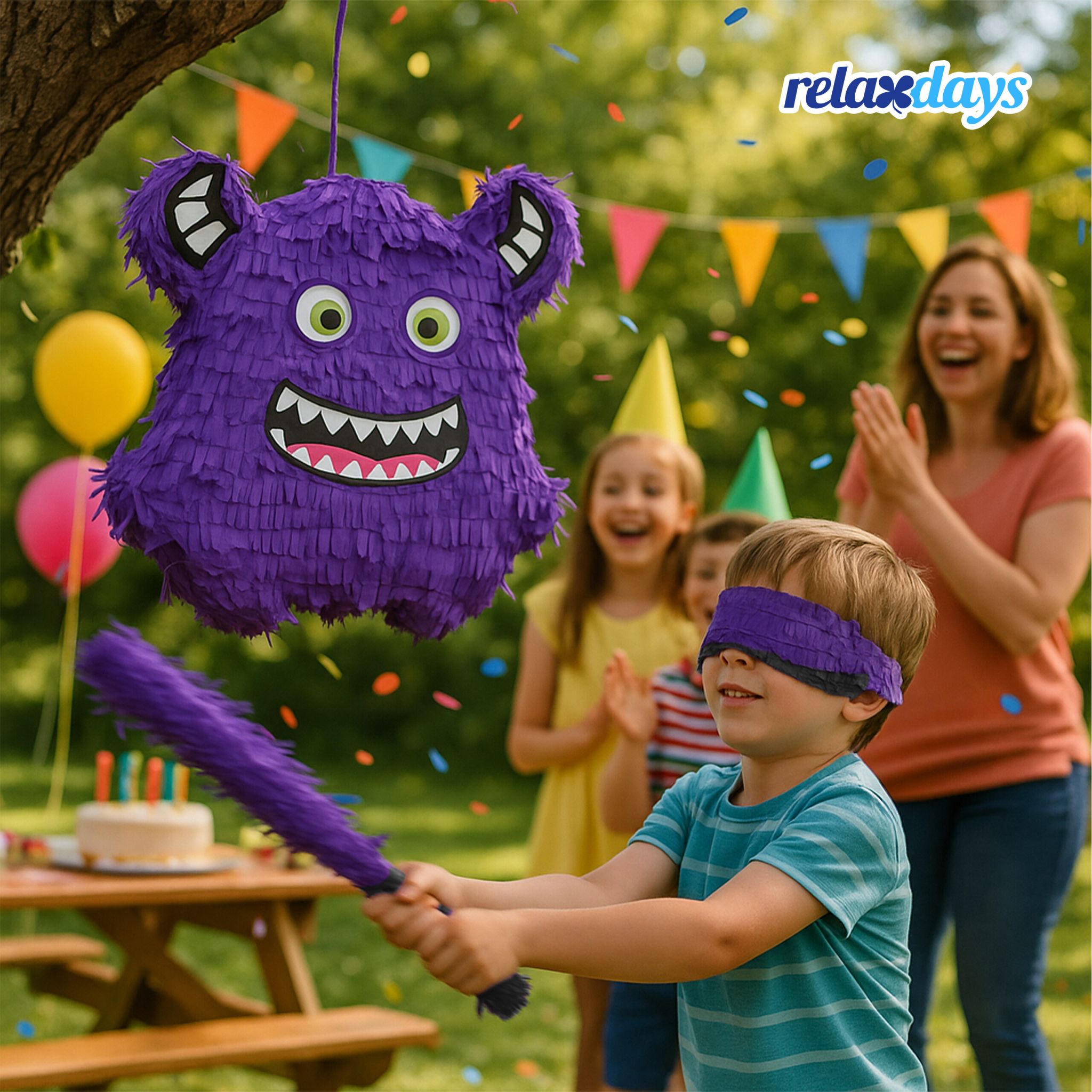 Pinata Monster mit Stab und Maske Lila-Pink-Schwarz von Relaxdays