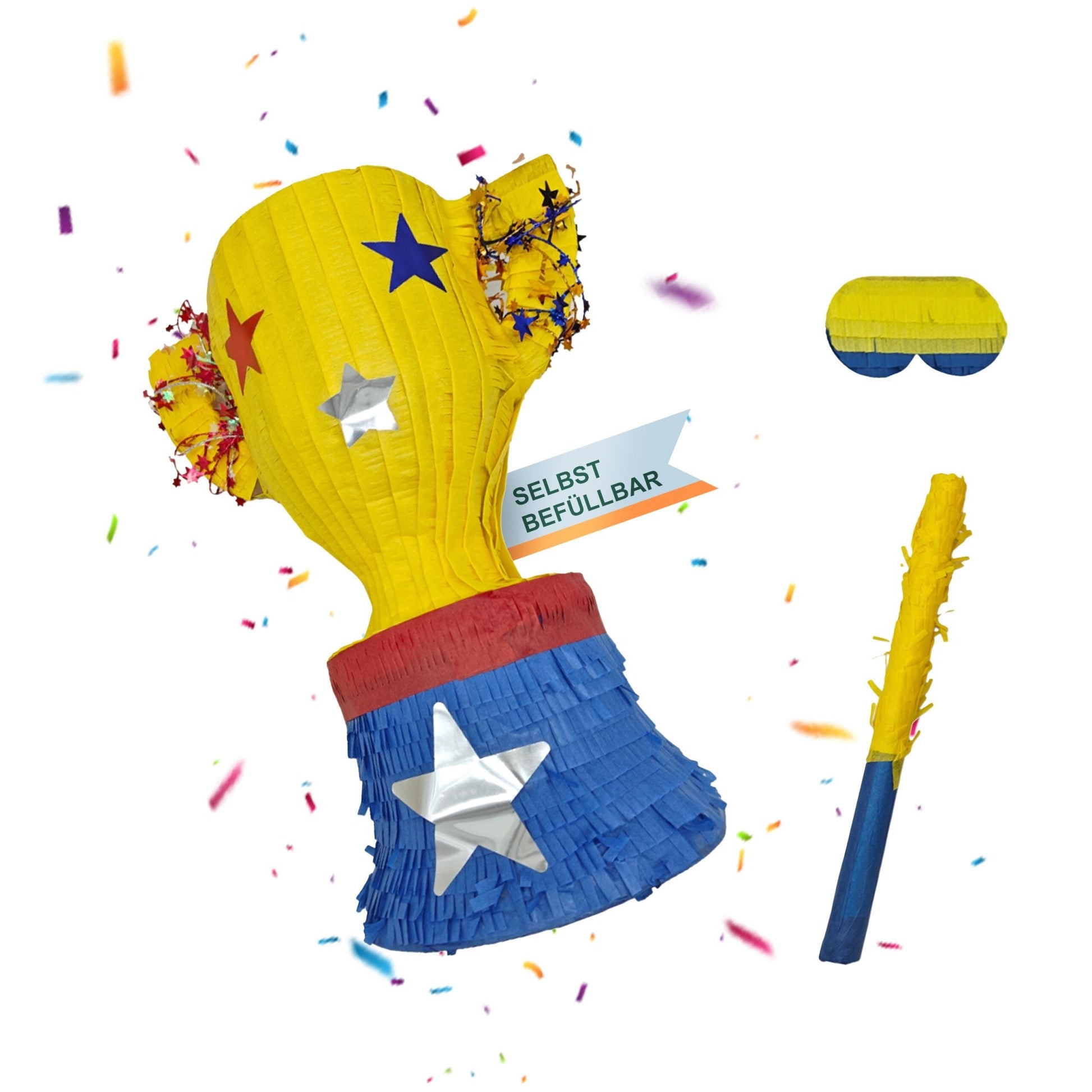 Pinata Pokal mit Stab und Maske Blau-Gelb-Rot von Relaxdays