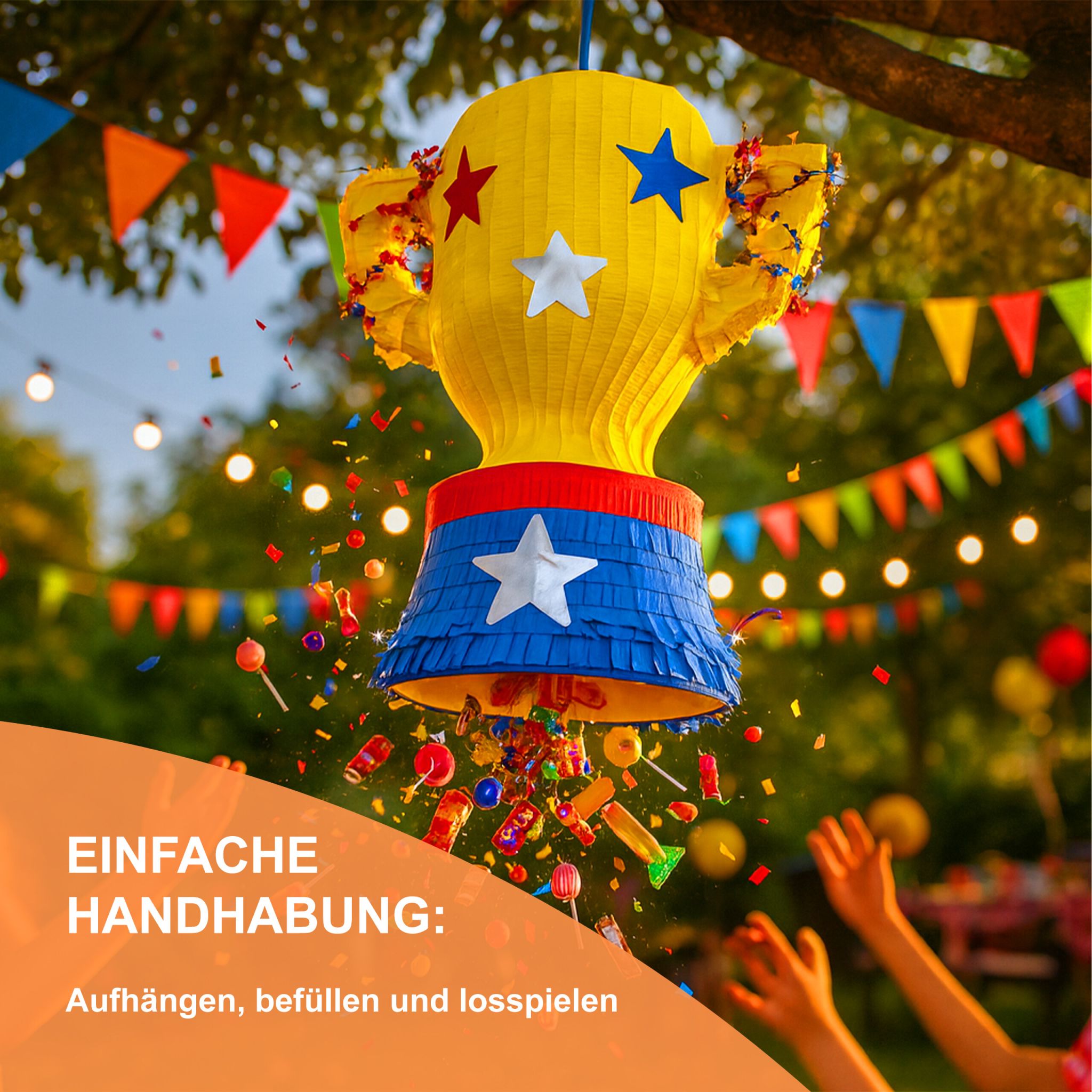 Pinata Pokal mit Stab und Maske Blau-Gelb-Rot von Relaxdays