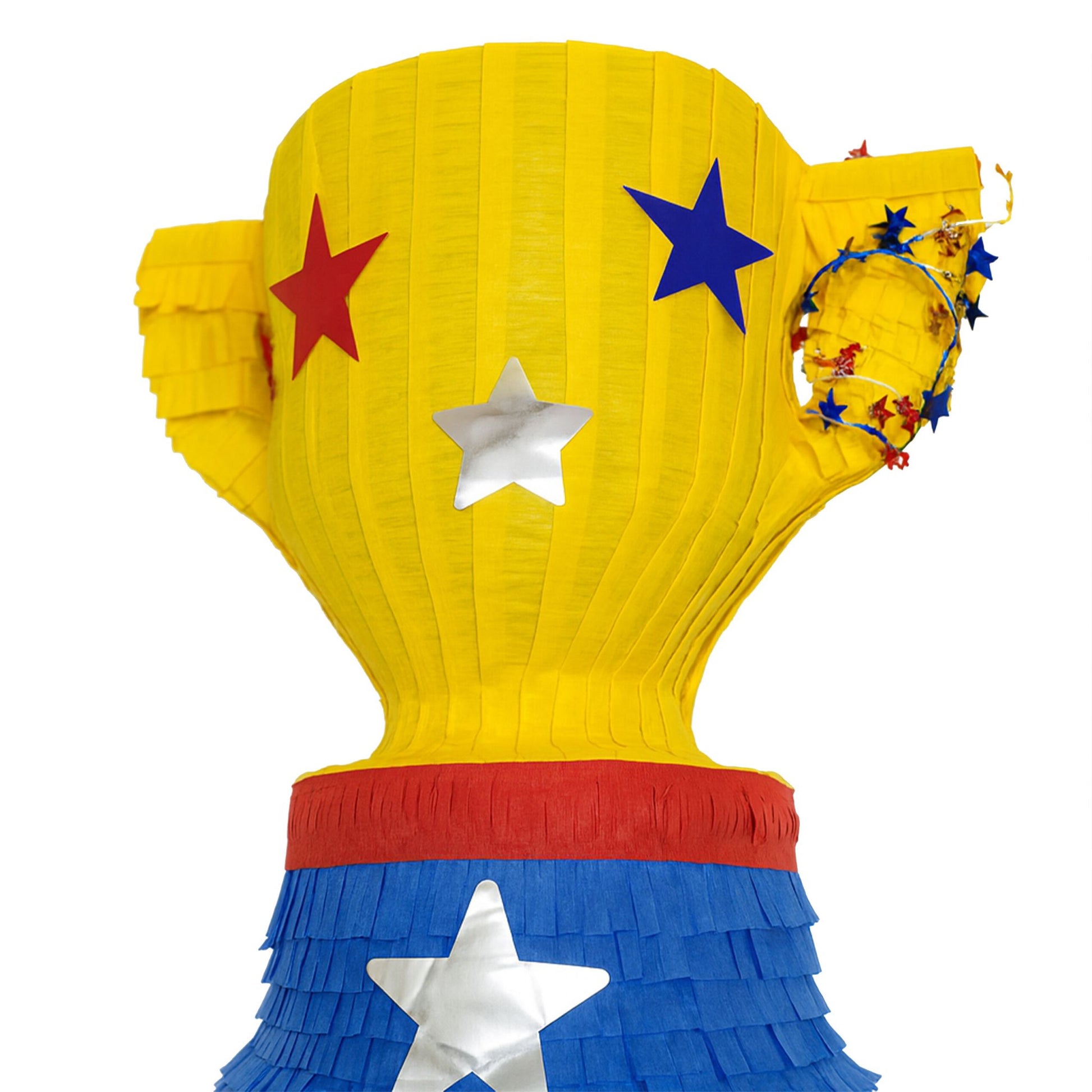 Pinata Pokal mit Stab und Maske Blau-Gelb-Rot von Relaxdays