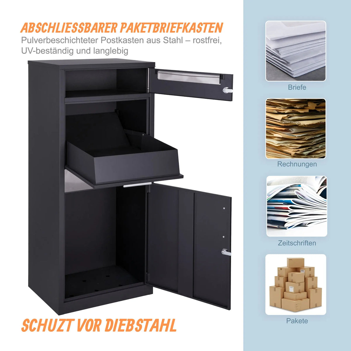Briefkasten mit Paketfach Schwarz-Silber von Relaxdays