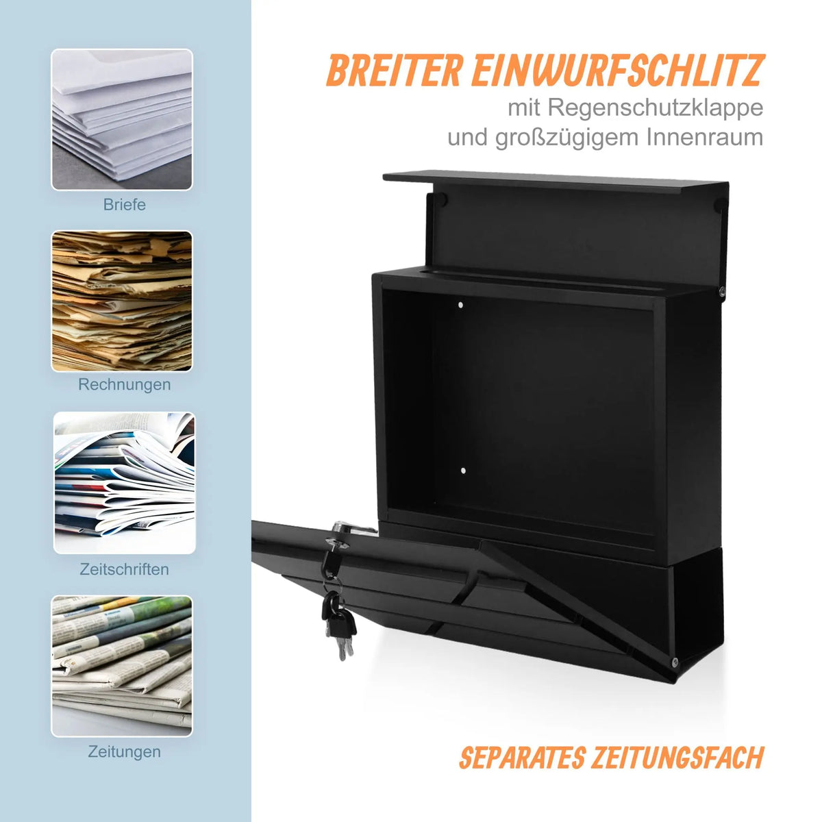 Briefkasten mit Zeitungsfach Metall Schwarz von Relaxdays