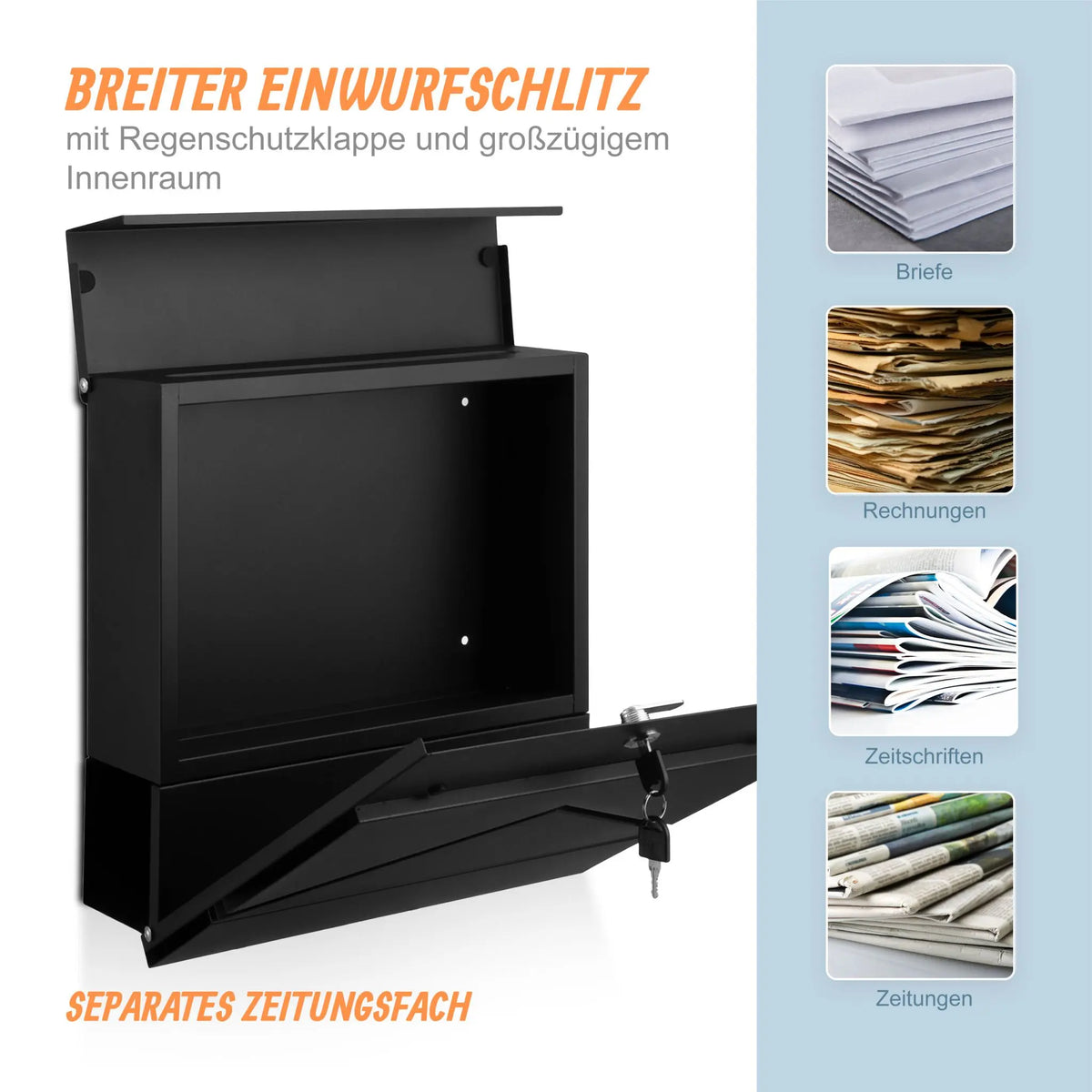 Briefkasten mit Zeitungsfach Metall Schwarz von Relaxdays