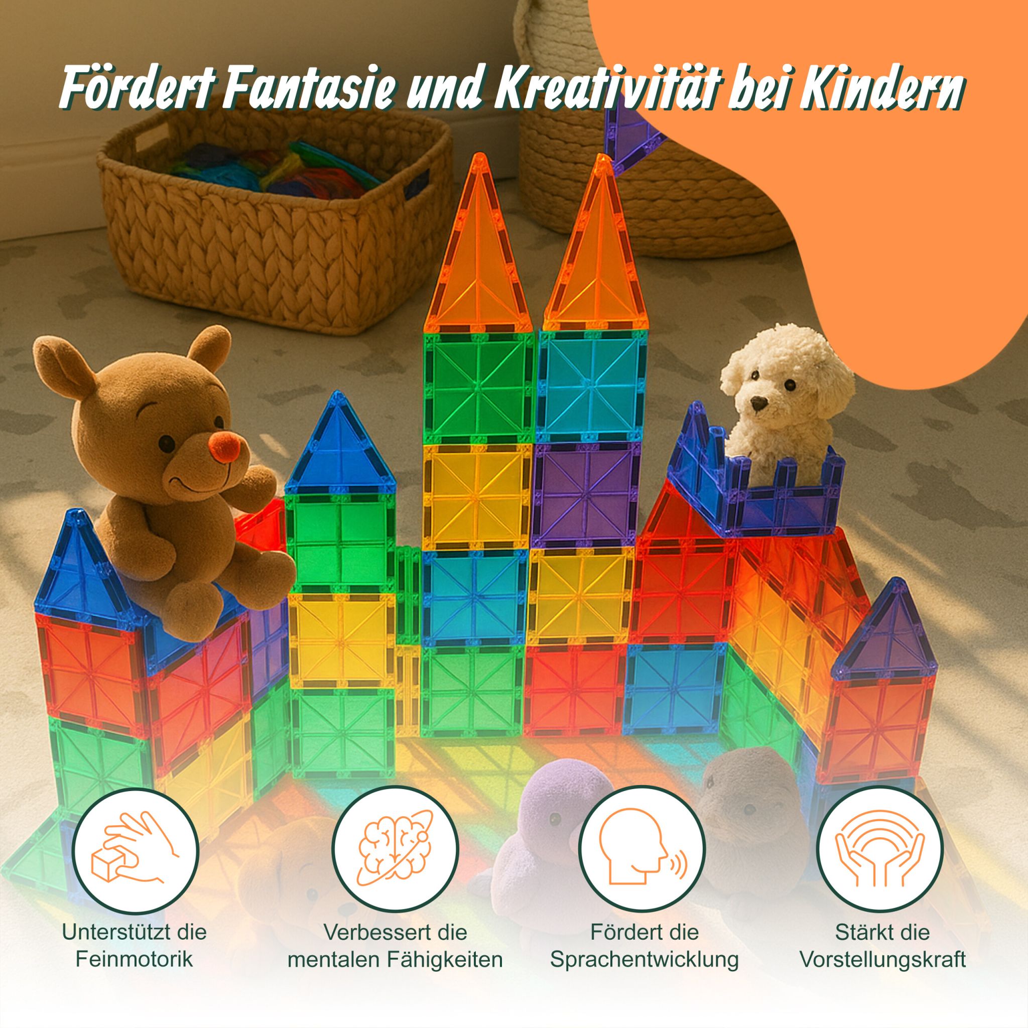 Magnetbausteine 100er-Set für Kinder Blau-Gelb-Rot von Relaxdays