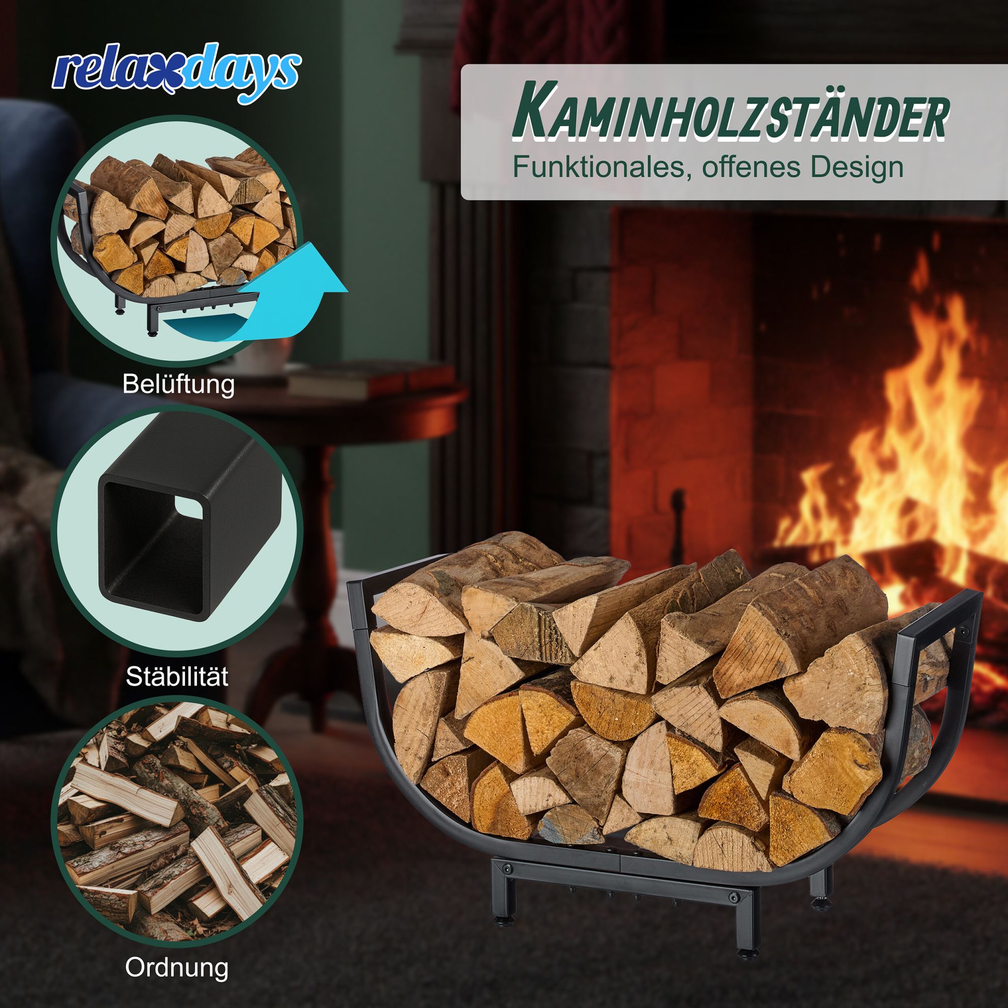 Kaminholzregal geschwungenen Design Schwarz von Relaxdays
