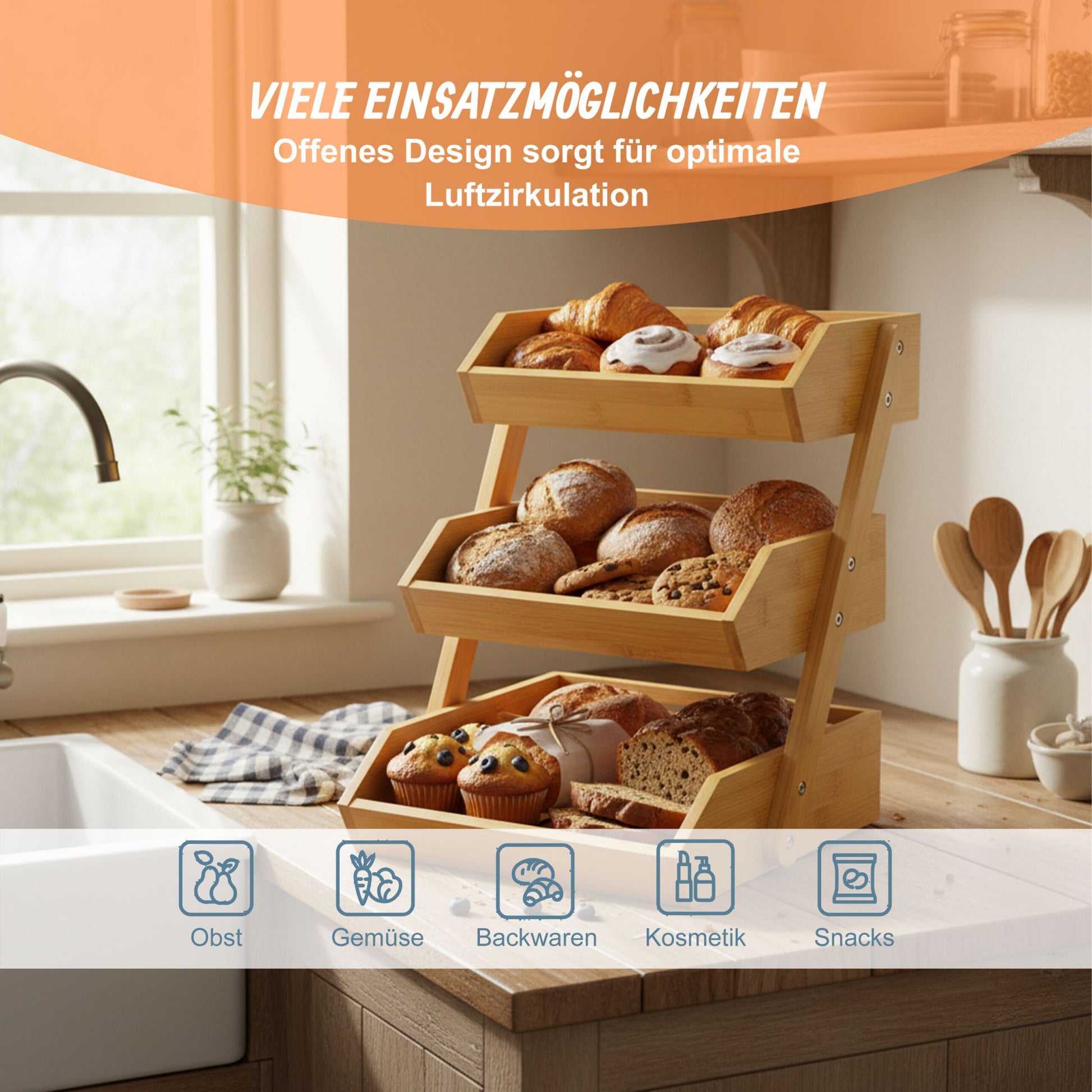 Obst Etagere Bambus 3 Etagen Hellbraun von Relaxdays