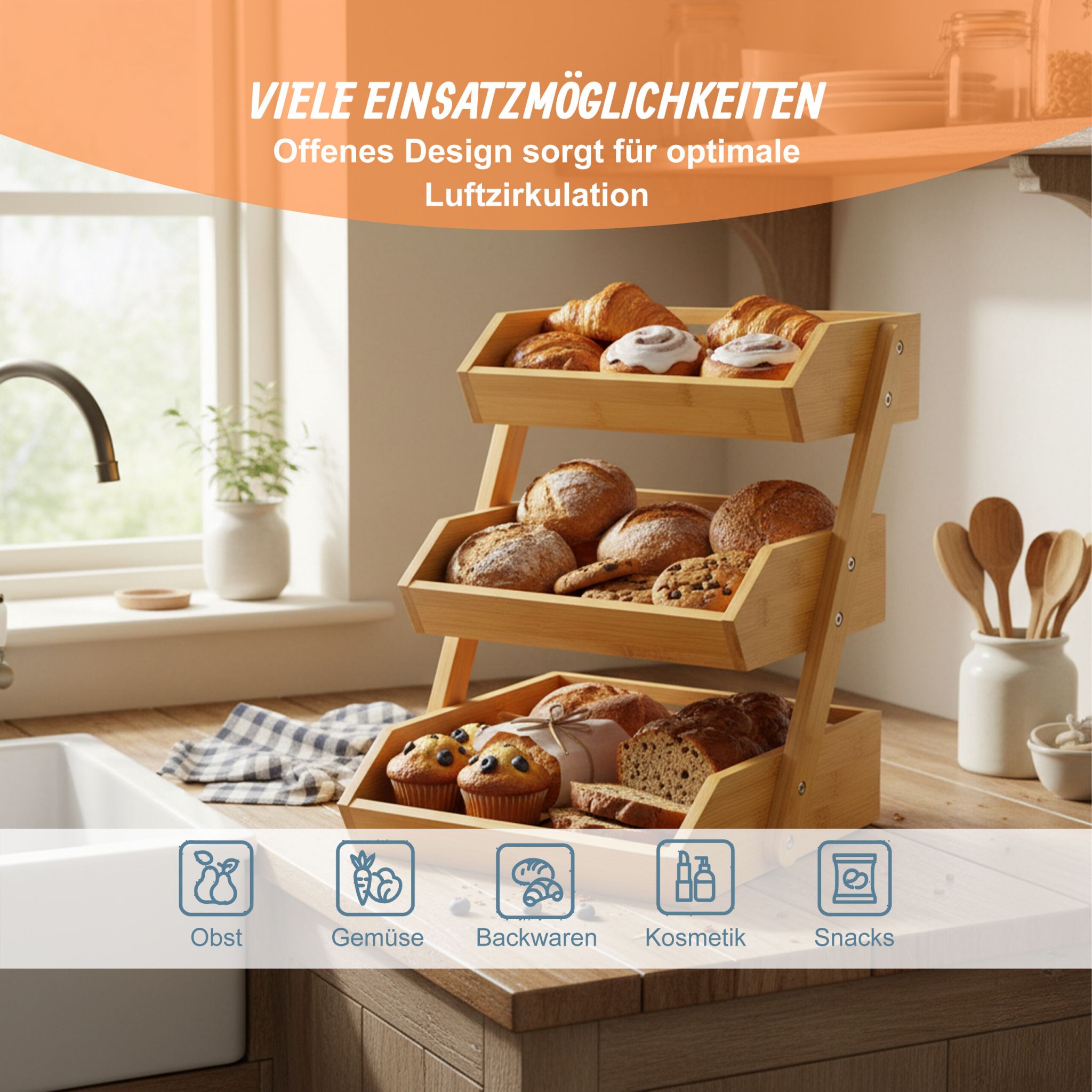 Obst Etagere Bambus 3 Etagen Hellbraun von Relaxdays