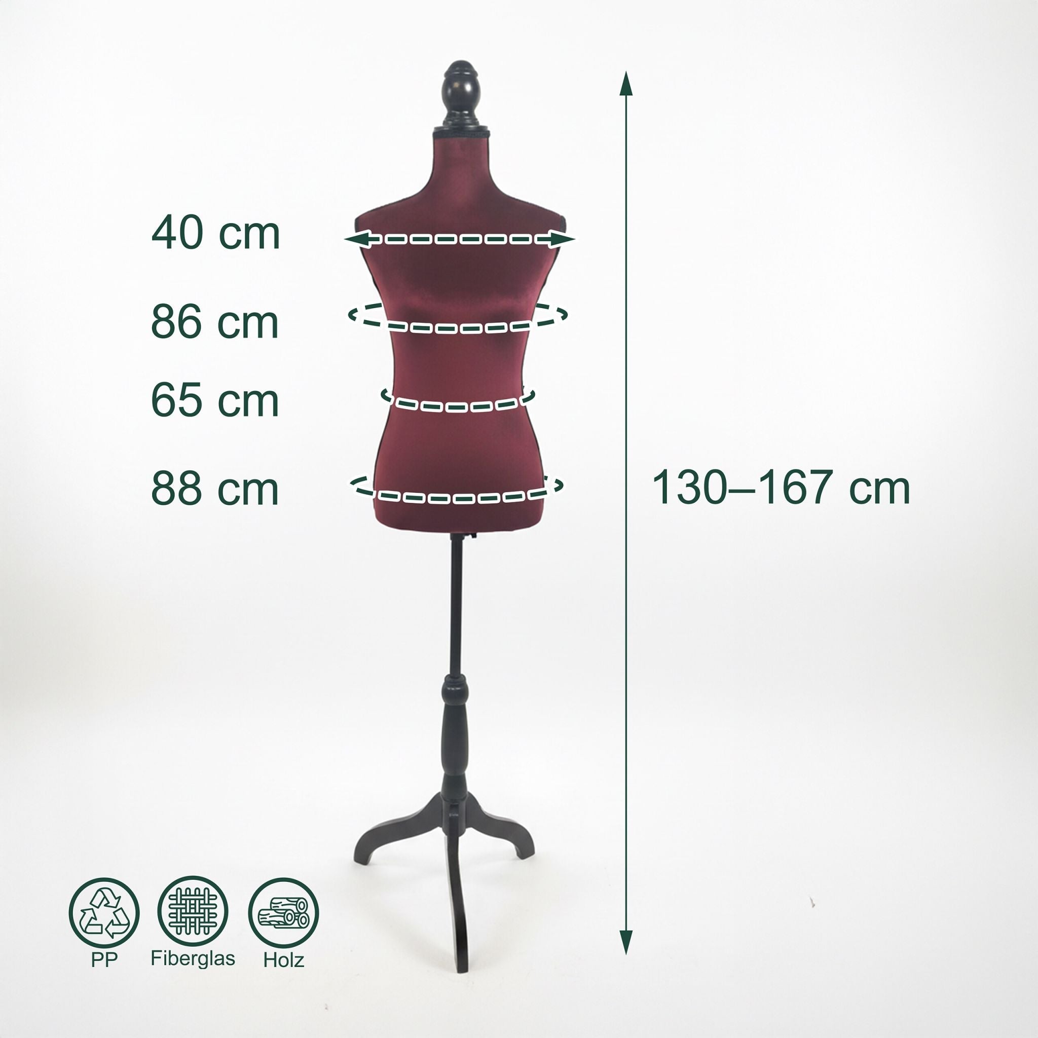 Weibliche Schneiderpuppe 36/38 Samt Dunkelrot-Schwarz von Relaxdays