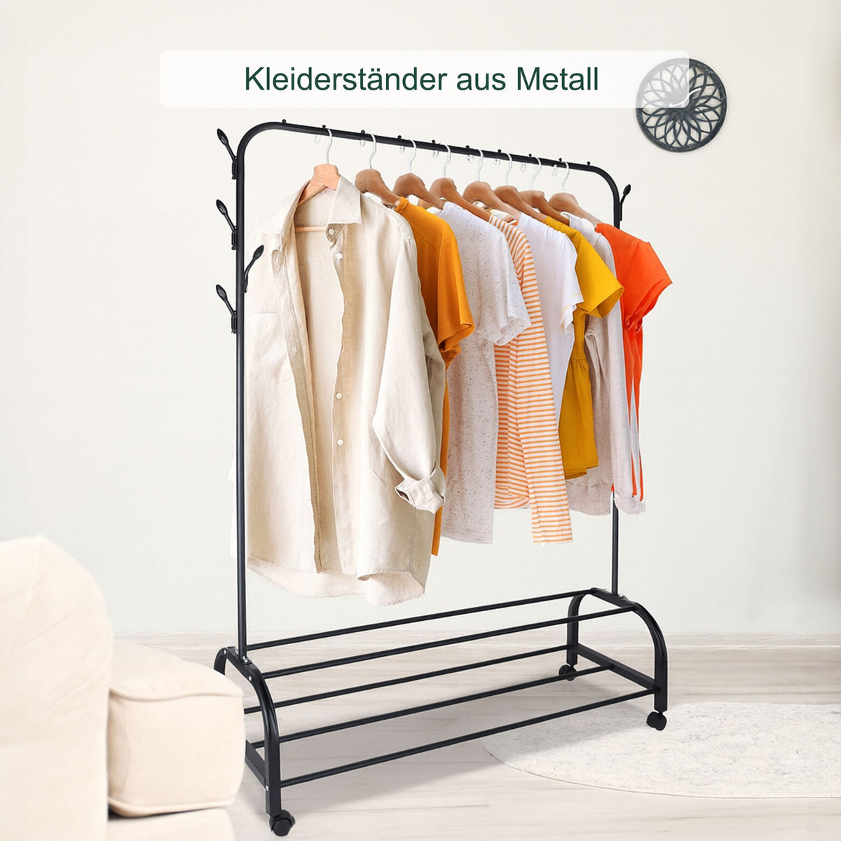 Kleiderständer rollbar mit 2 Ablagen Schwarz von Relaxdays