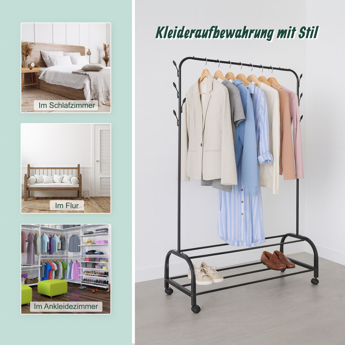 Kleiderständer rollbar mit 2 Ablagen Schwarz von Relaxdays