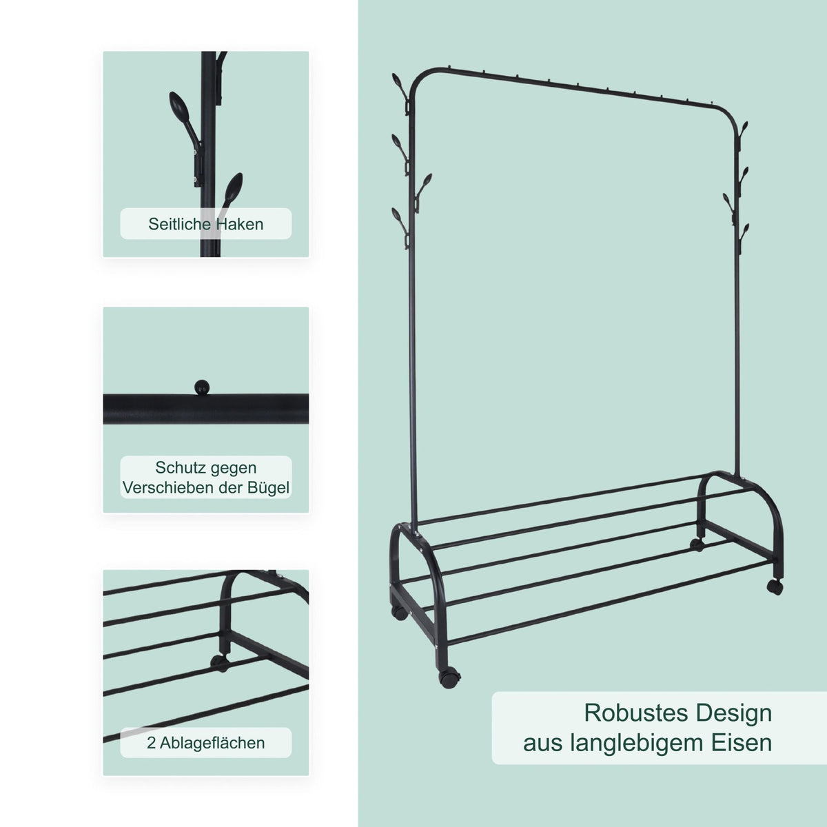 Kleiderständer rollbar mit 2 Ablagen Schwarz von Relaxdays