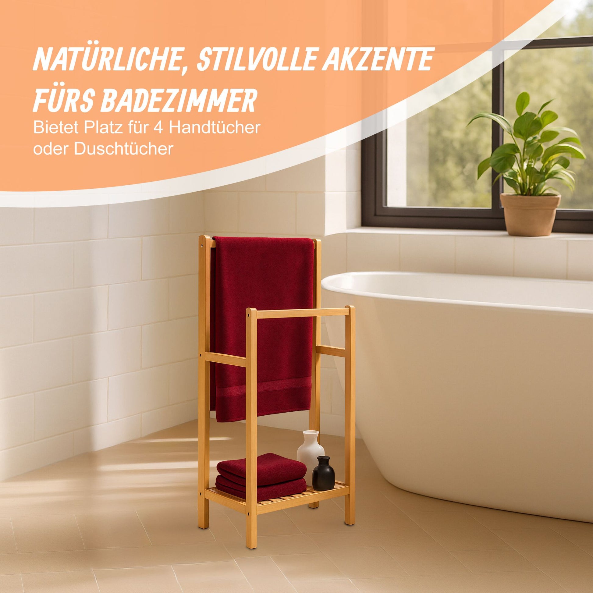 Handtuchständer Bambus 2 Stangen Ablage Hellbraun von Relaxdays