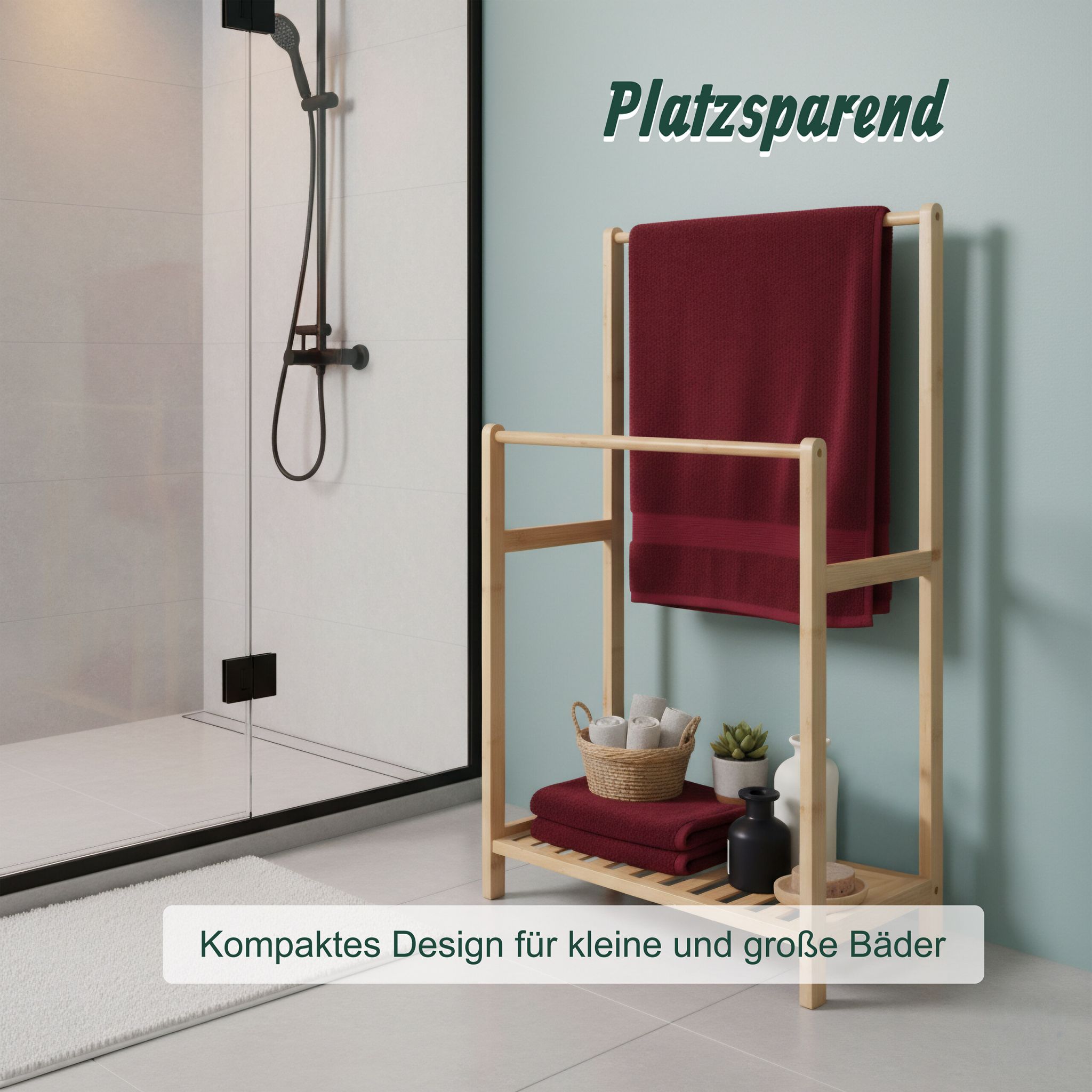 Handtuchständer Bambus 2 Stangen Ablage Hellbraun von Relaxdays