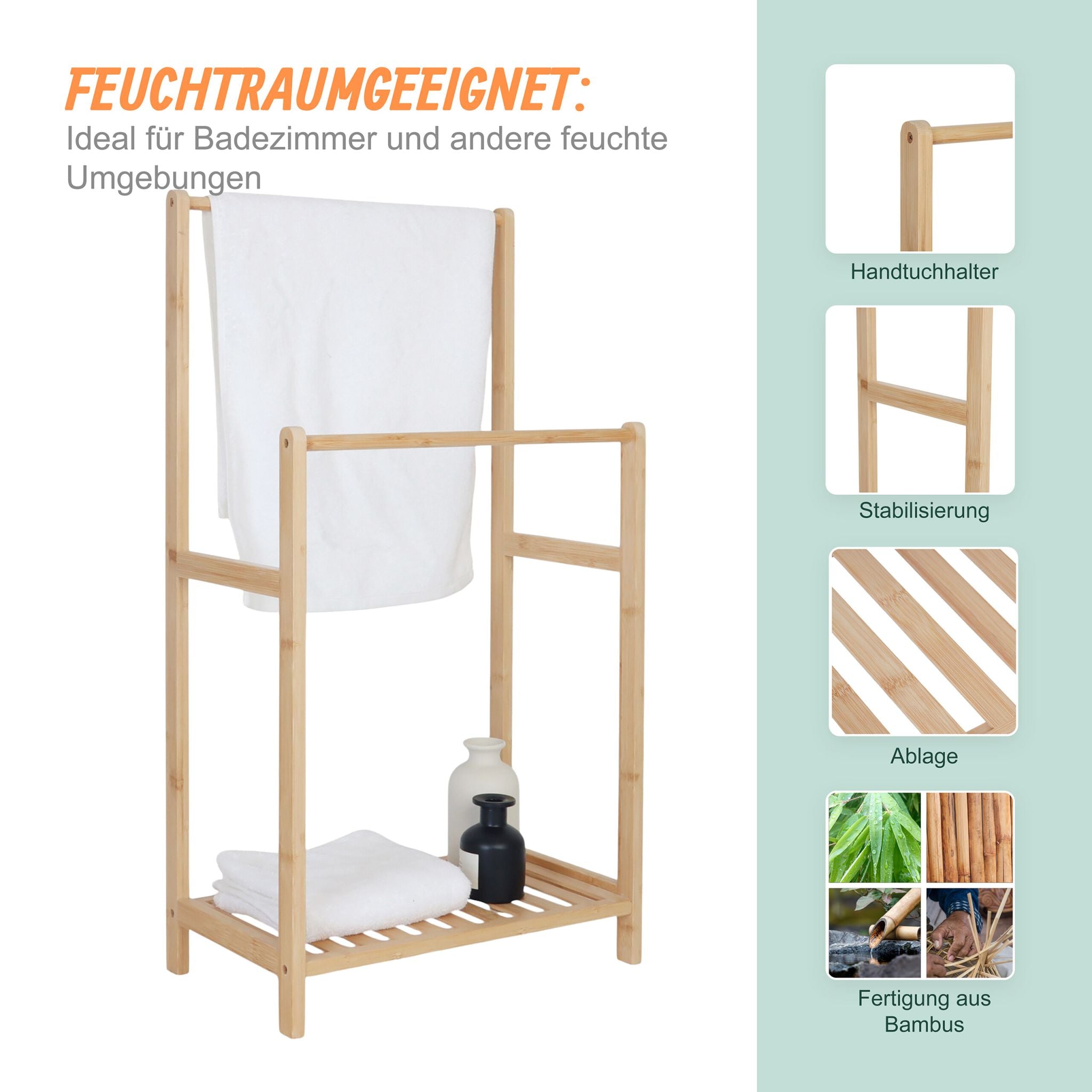 Handtuchständer Bambus 2 Stangen Ablage Hellbraun von Relaxdays