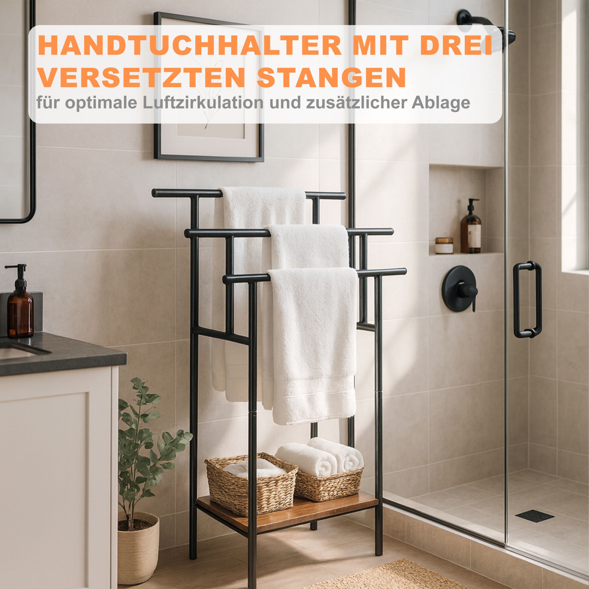 Handtuchständer mit Ablage Dunkelbraun-Schwarz von Relaxdays