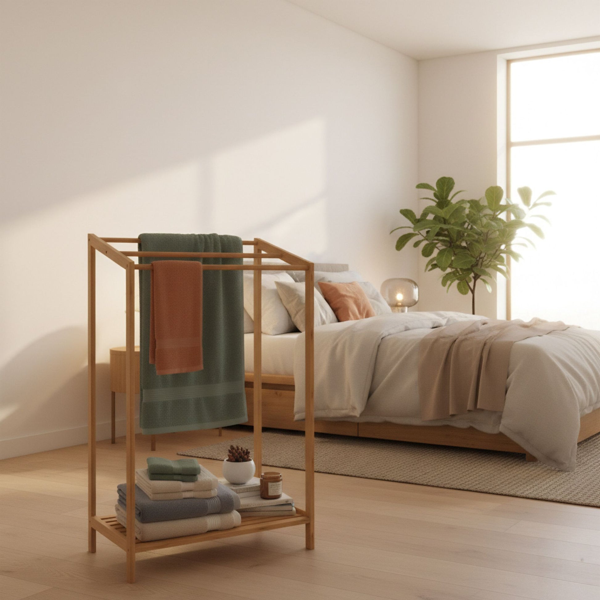 Handtuchständer Bambus 3 Stangen Ablage Hellbraun von Relaxdays