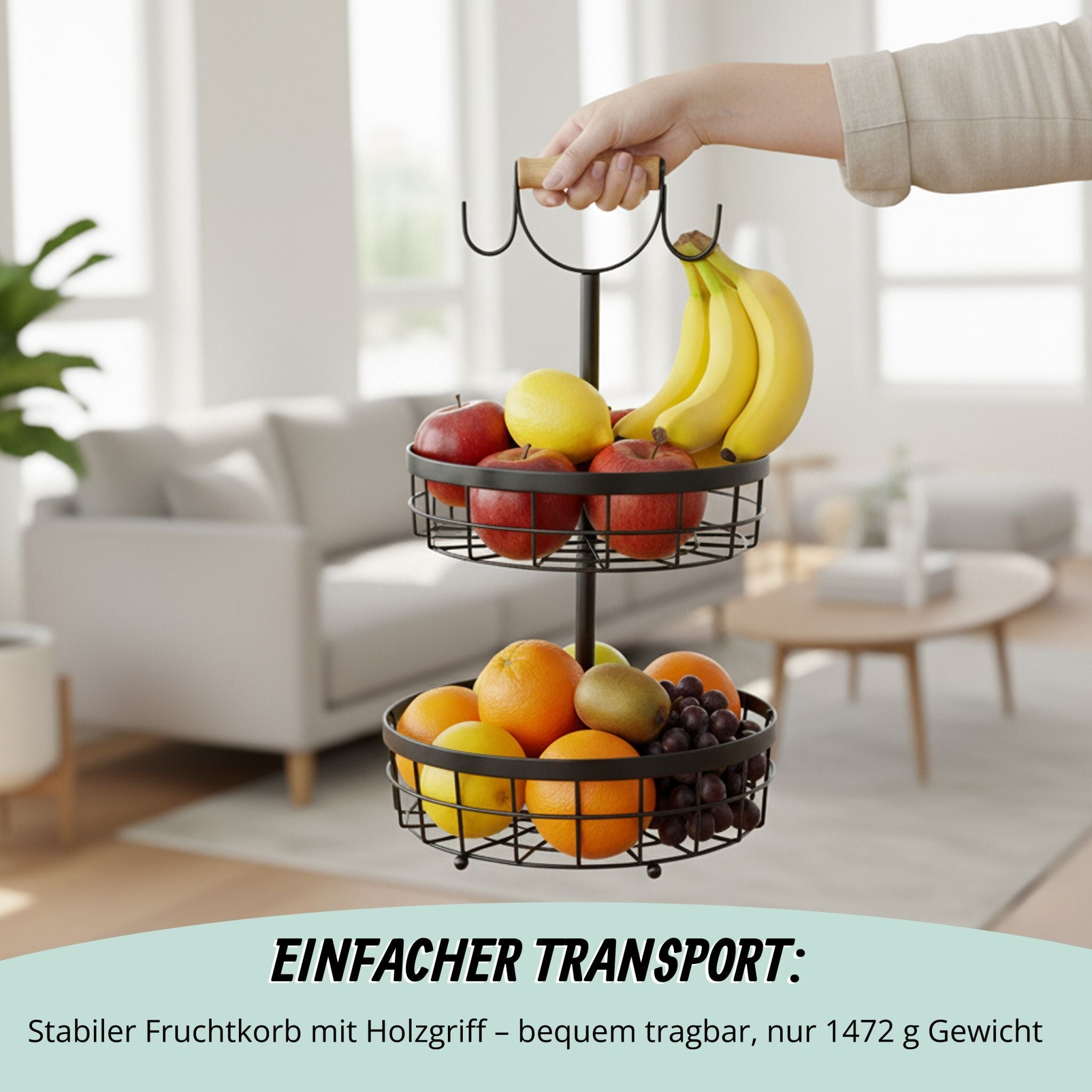 Obstkorb Etagere 2-stöckig Hellbraun-Schwarz