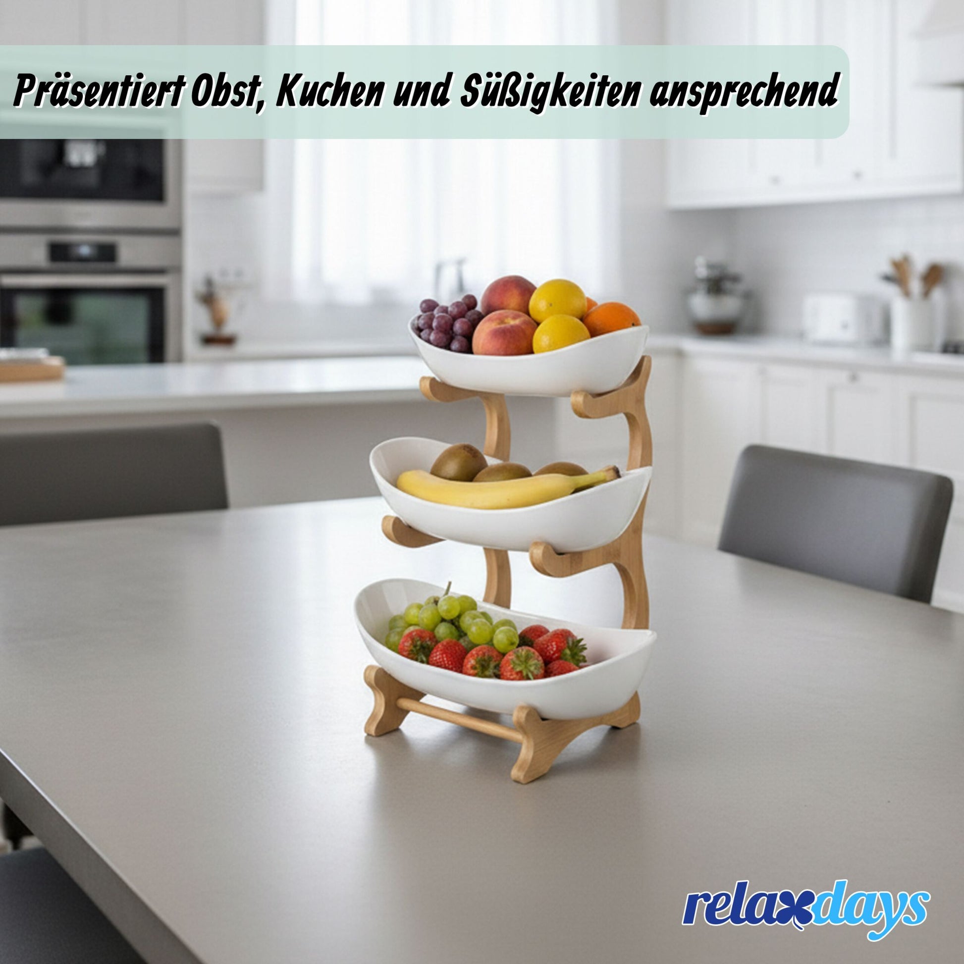 Obst Etagere Bambus Kunststoff 3 Etagen Weiss-Hellbraun von Relaxdays