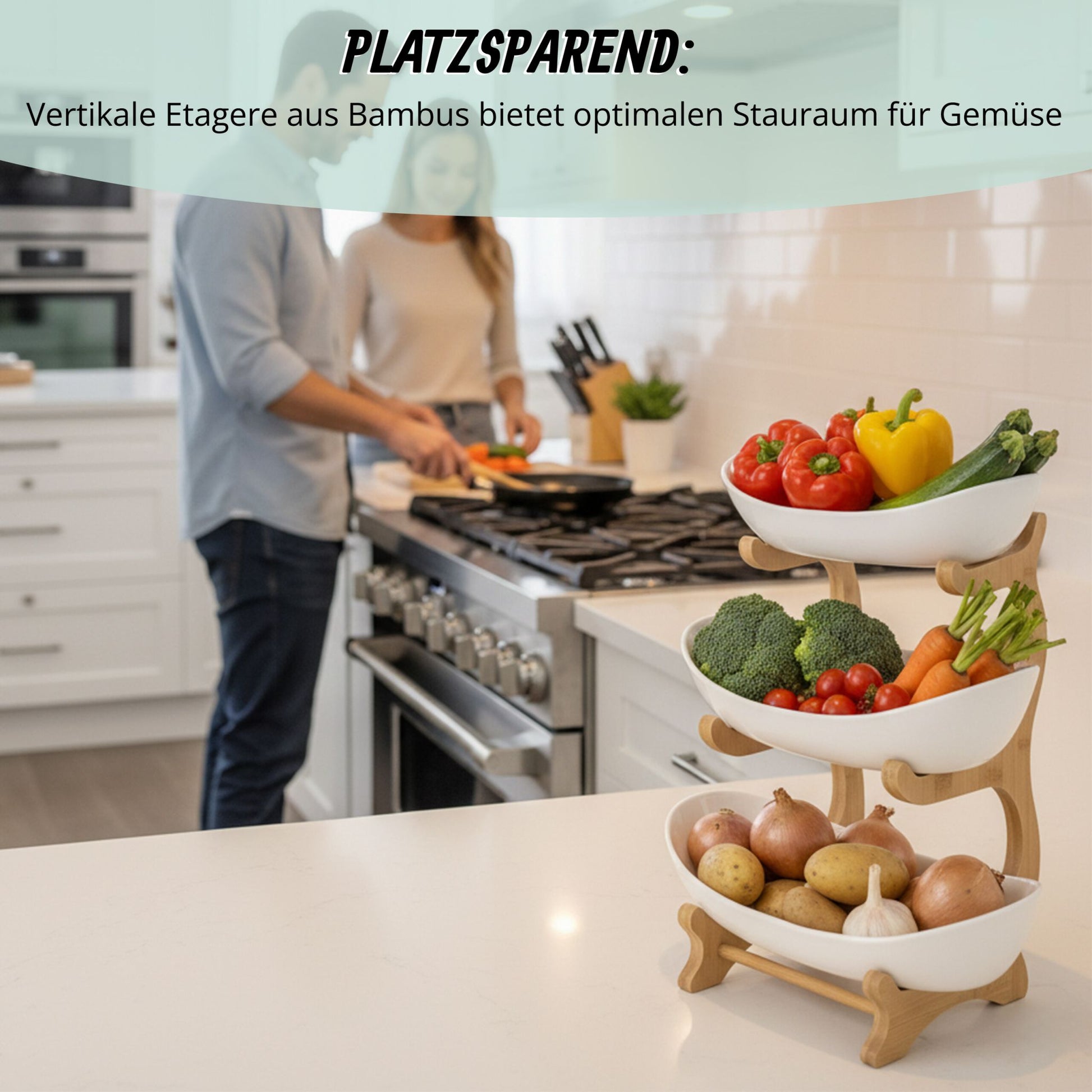 Obst Etagere Bambus Kunststoff 3 Etagen Weiss-Hellbraun von Relaxdays