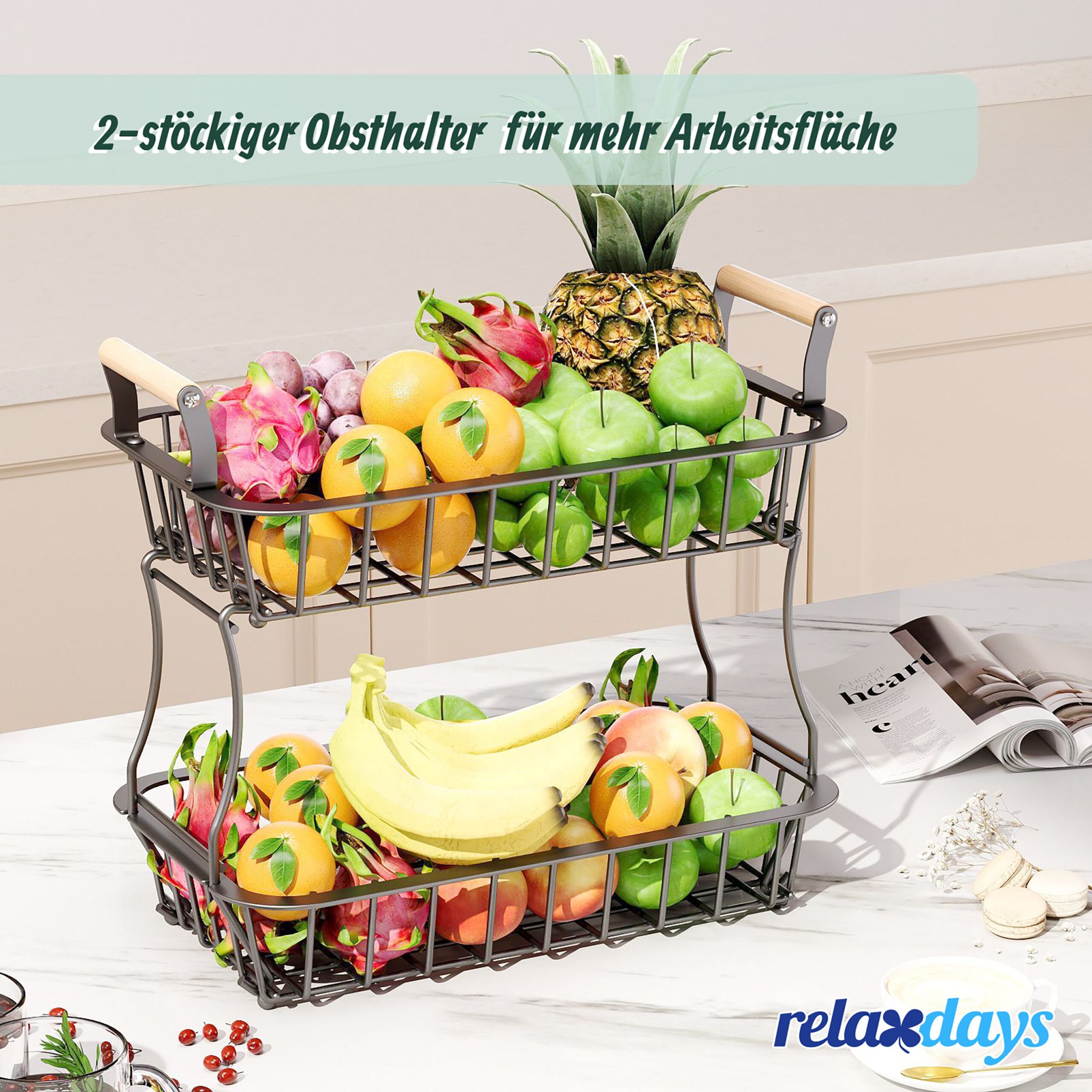 2-stöckiger Obstkorb mit Griffen Hellbraun-Schwarz