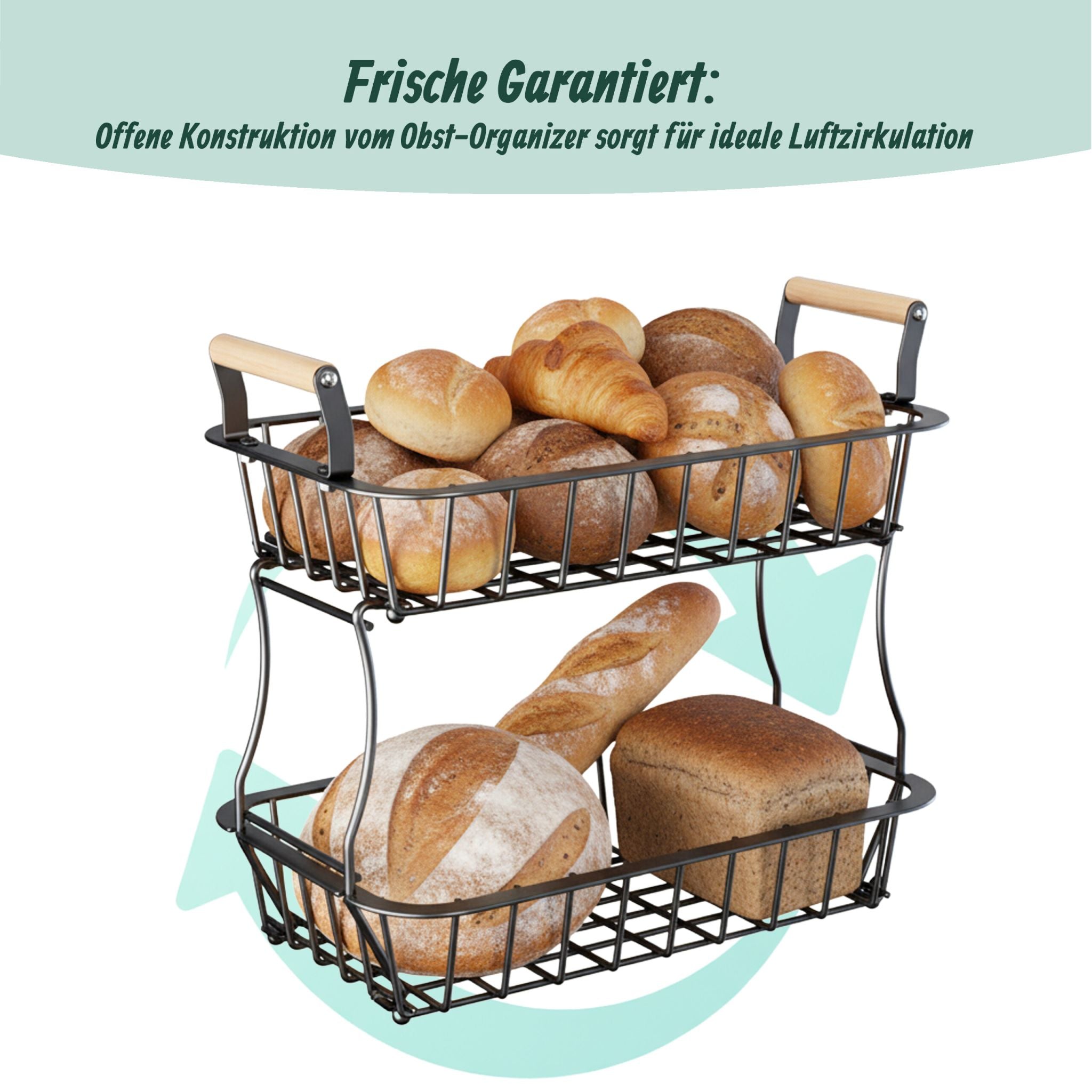 2-stöckiger Obstkorb mit Griffen Hellbraun-Schwarz