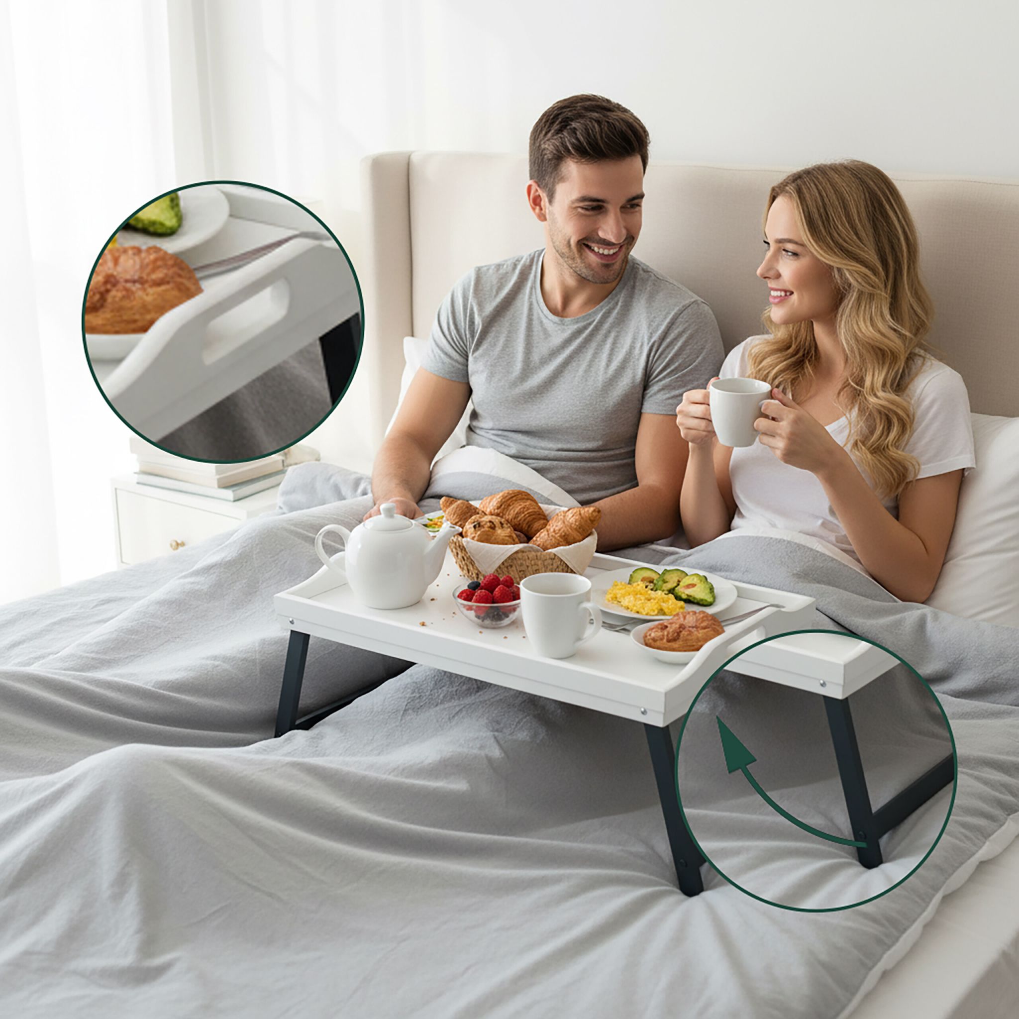 Betttablett Bambus Weiss-Grau von Relaxdays