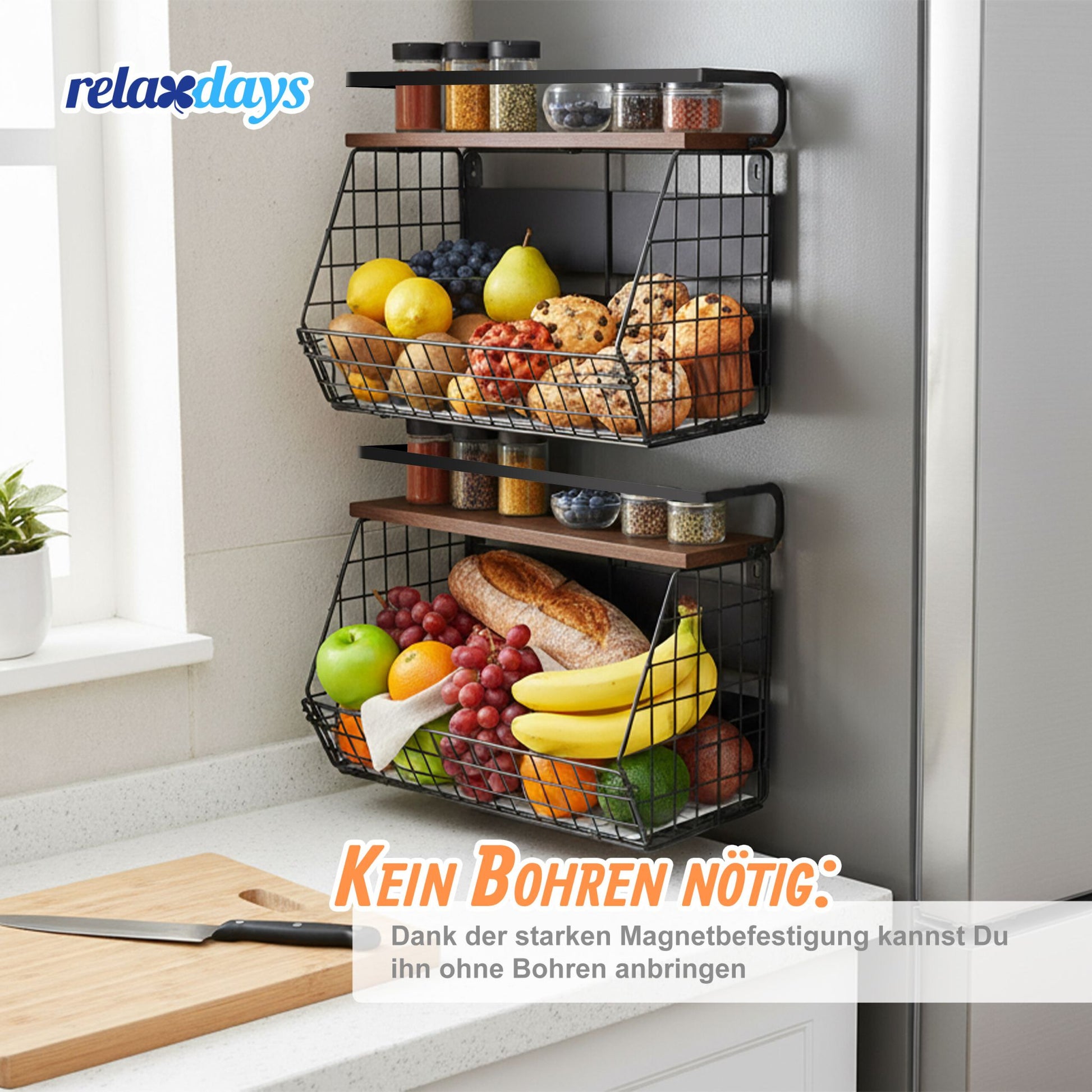 Obstkorb Wandregal magnetisch 2er-Set Dunkelbraun-Schwarz von Relaxdays