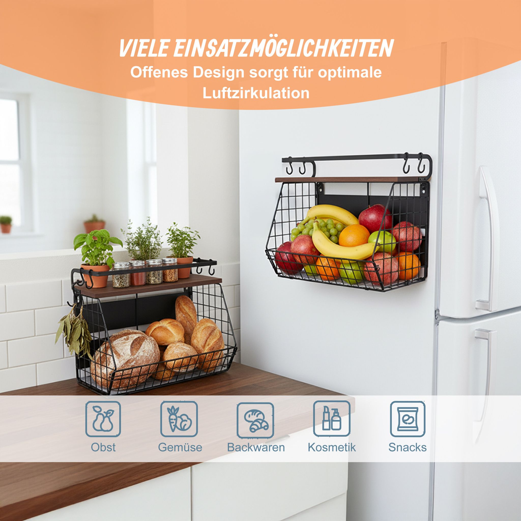 Obstkorb Wandregal magnetisch 2er-Set Dunkelbraun-Schwarz von Relaxdays