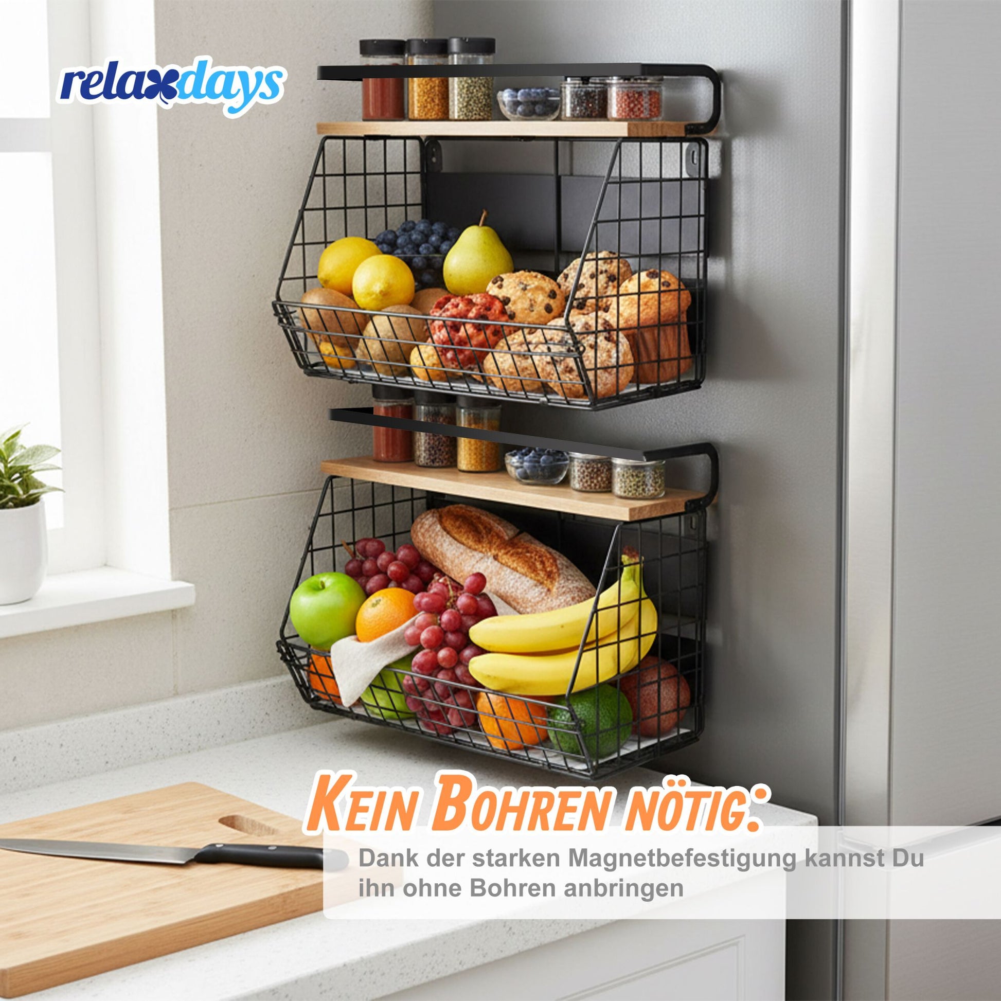 Obstkorb Wandregal magnetisch 2er-Set Hellbraun-Schwarz von Relaxdays