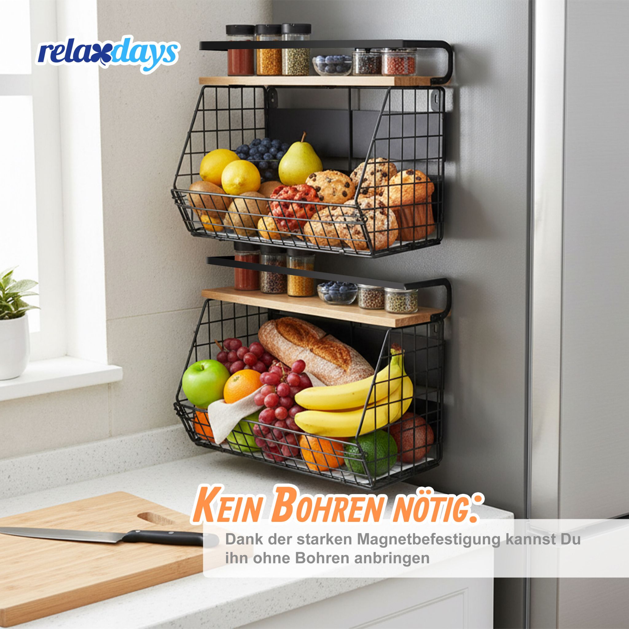 Obstkorb Wandregal magnetisch 2er-Set Hellbraun-Schwarz von Relaxdays