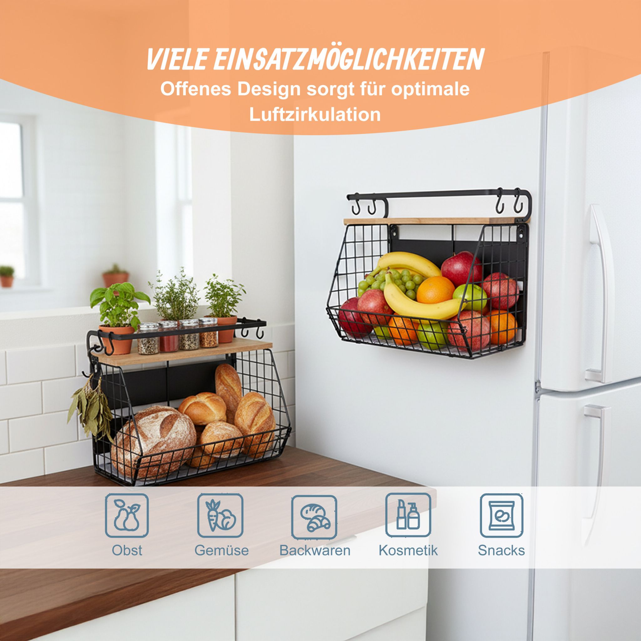 Obstkorb Wandregal magnetisch 2er-Set Hellbraun-Schwarz von Relaxdays