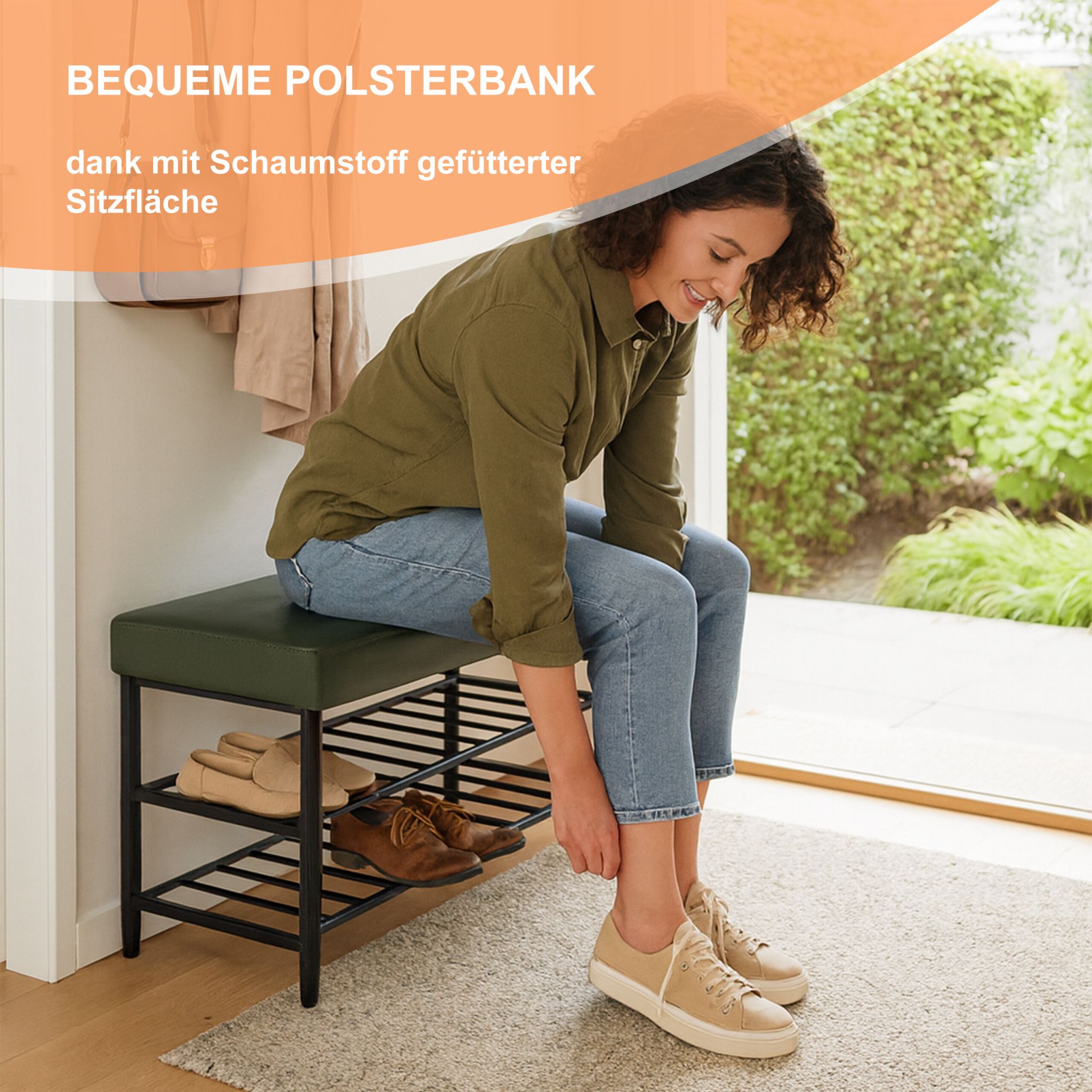 Schuhbank mit 2 Schuhablagen Dunkelgrün-Schwarz von Relaxdays