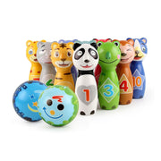 Kinder Kegelspiel Tiere Blau-Gelb-Grün von Relaxdays