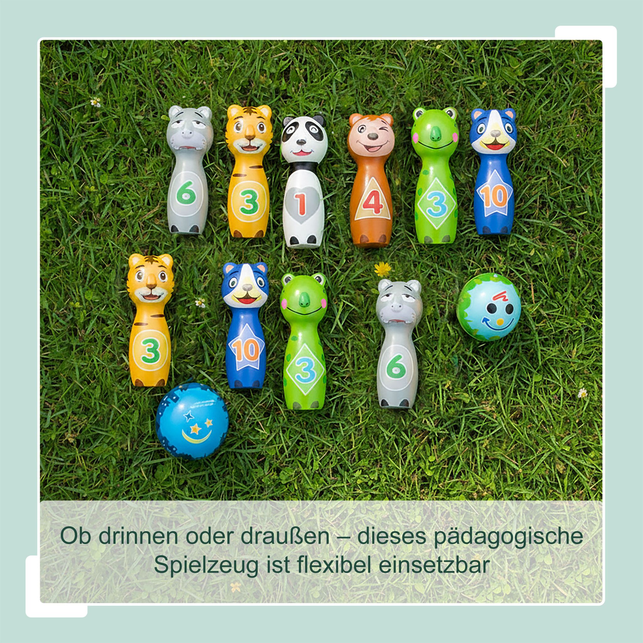 Kinder Kegelspiel Tiere Blau-Gelb-Grün von Relaxdays