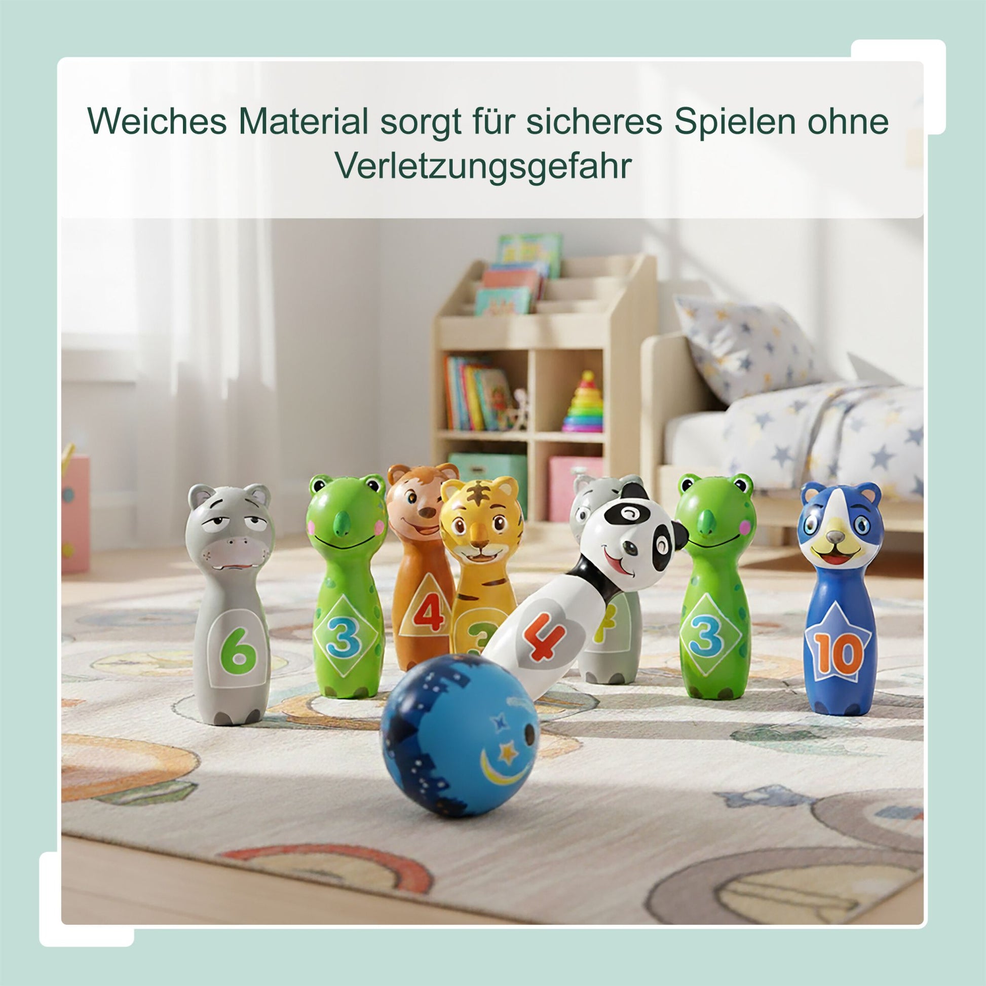 Kinder Kegelspiel Tiere Blau-Gelb-Grün von Relaxdays
