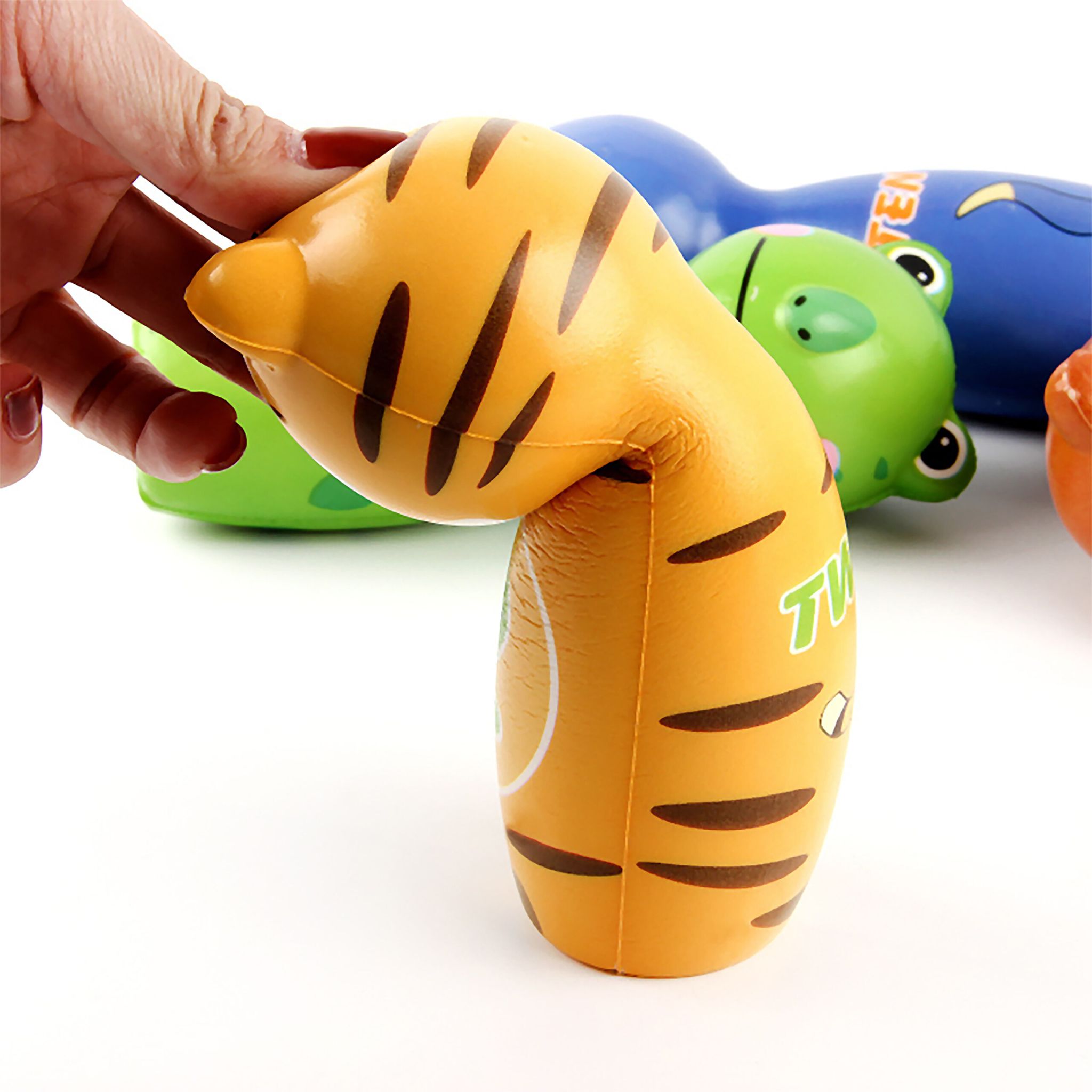 Kinder Kegelspiel Tiere Blau-Gelb-Grün von Relaxdays