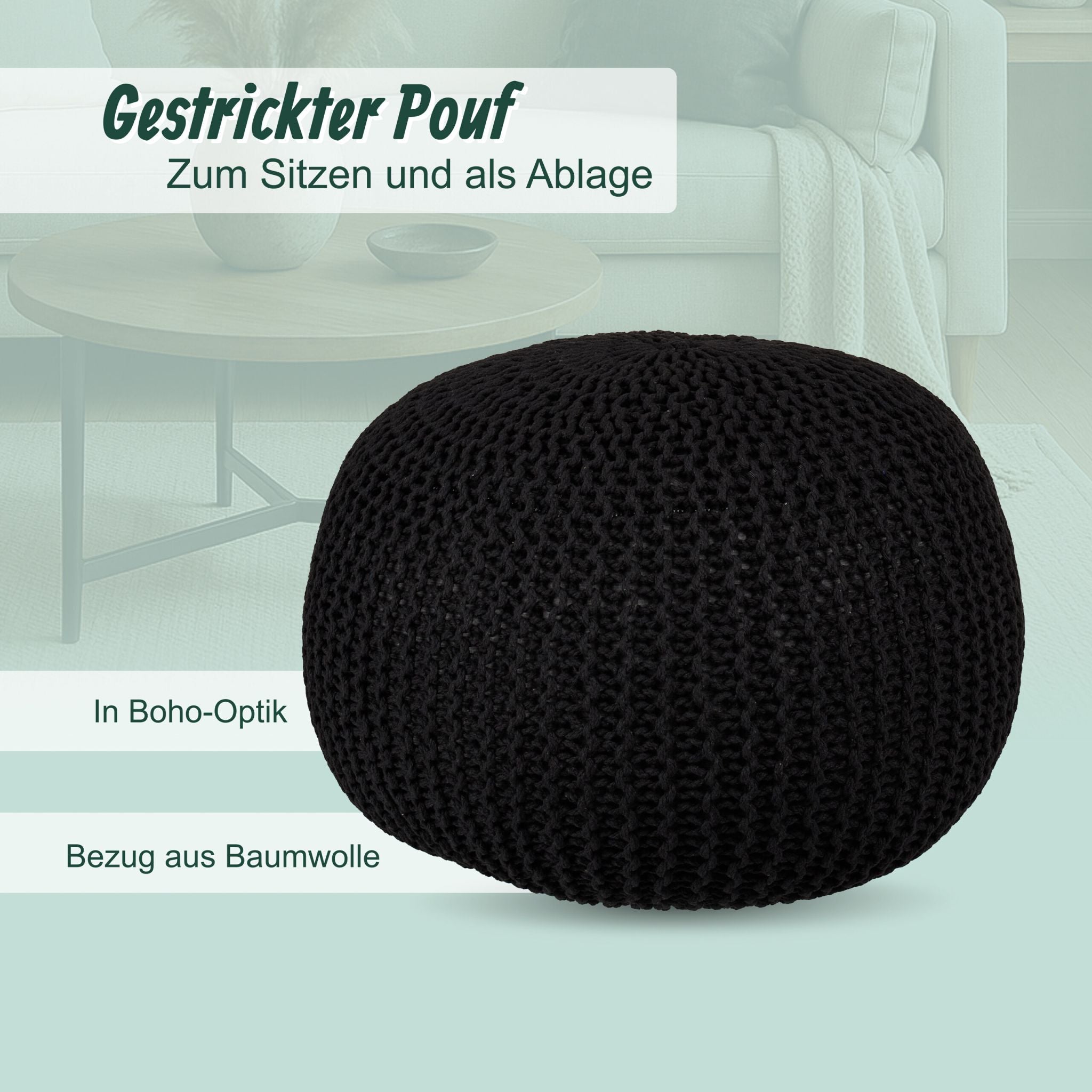 Gestrickter Pouf Schwarz von Relaxdays