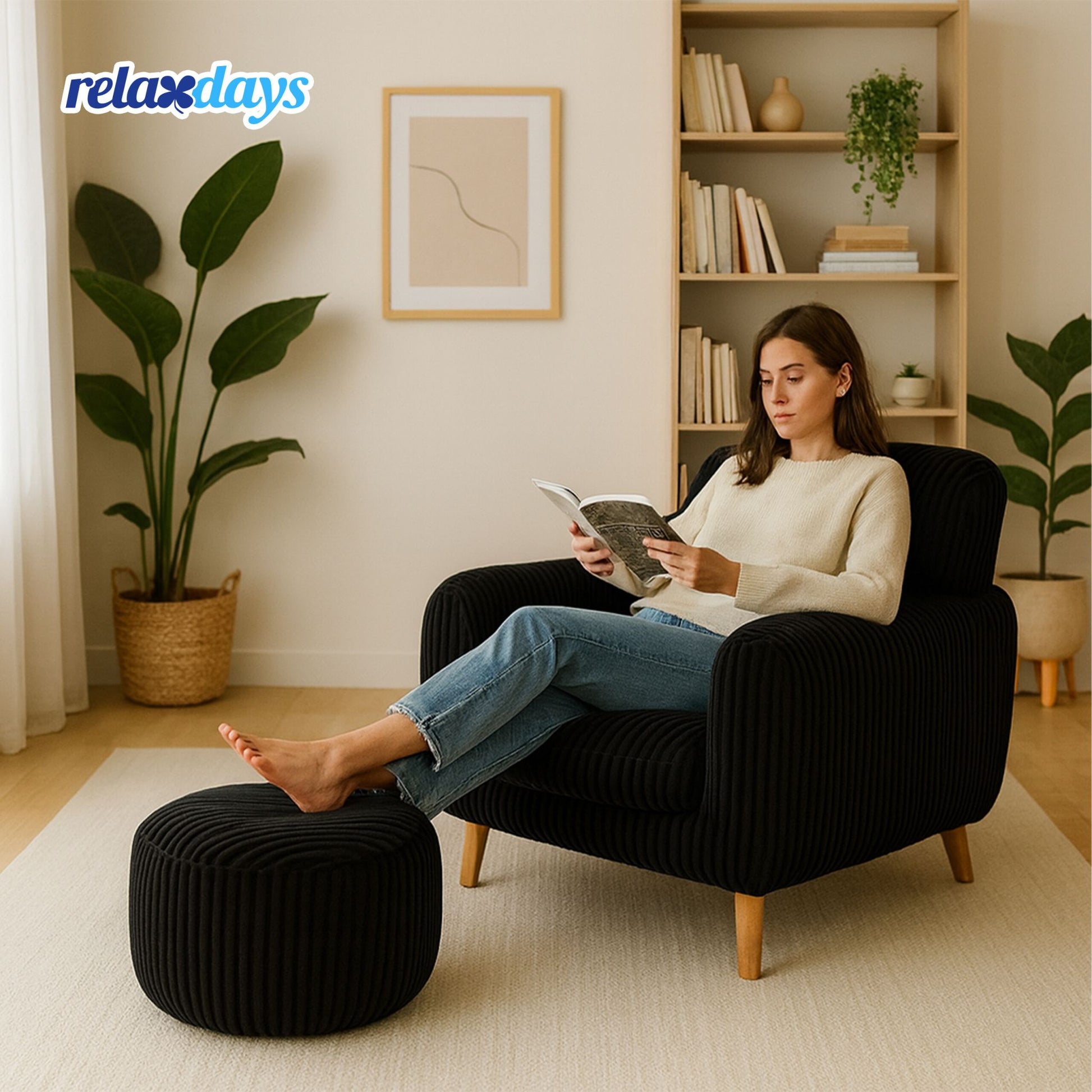Pouf mit Cordbezug Schwarz von Relaxdays