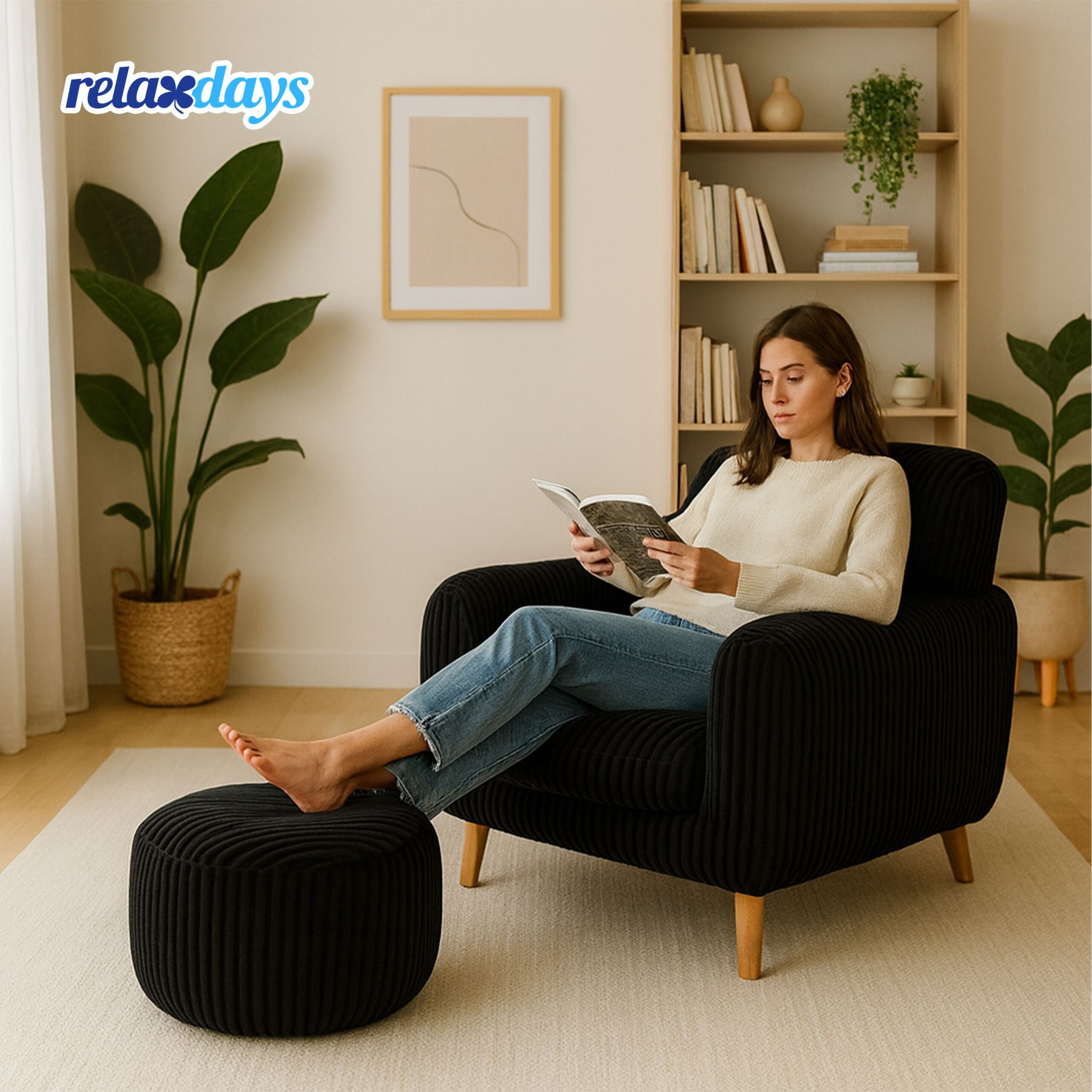 Pouf mit Cordbezug Schwarz von Relaxdays