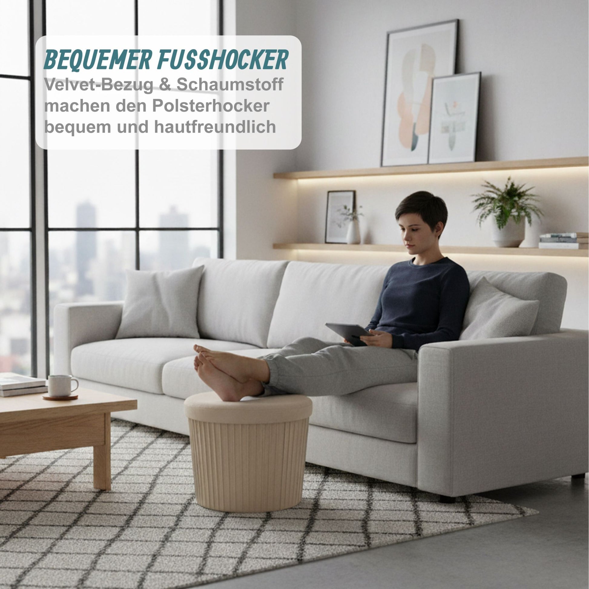 Hocker Samt mit Stauraum Beige von Relaxdays