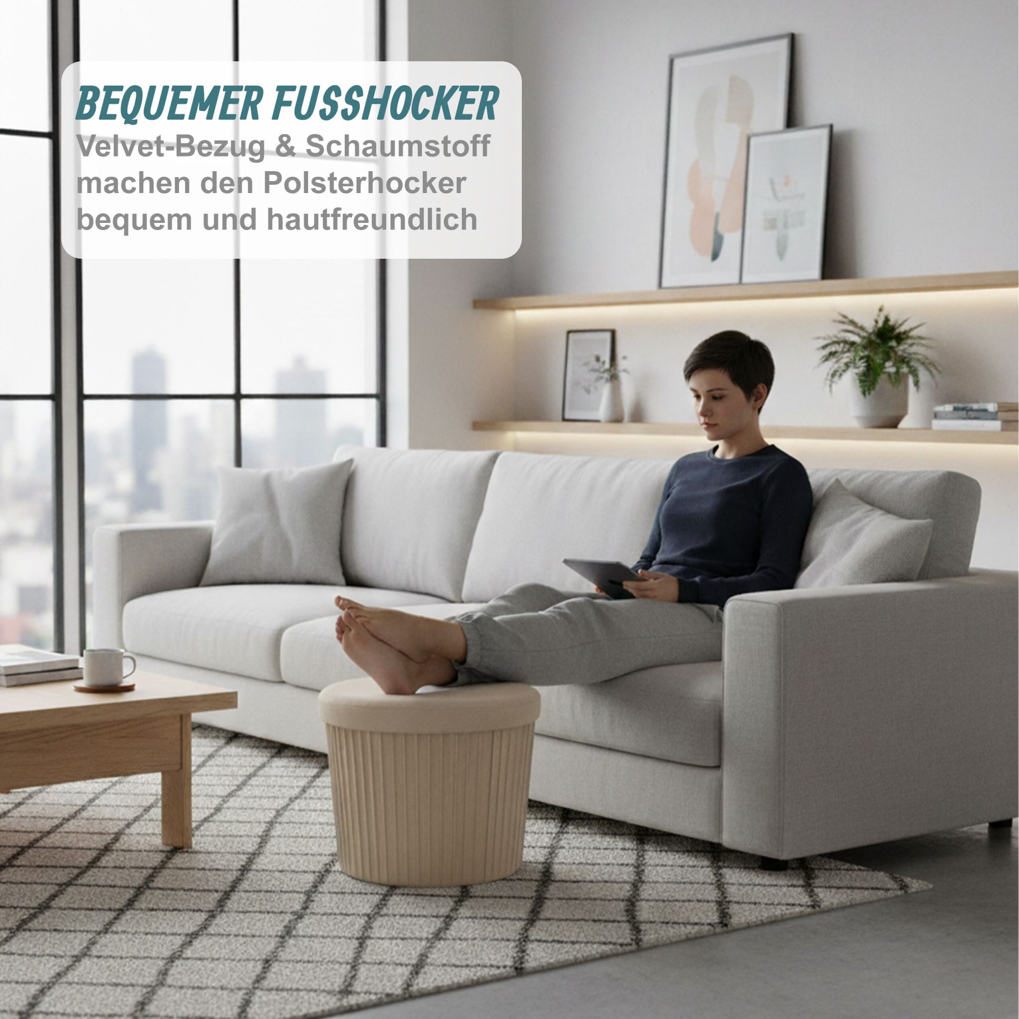 Hocker Samt mit Stauraum Beige von Relaxdays