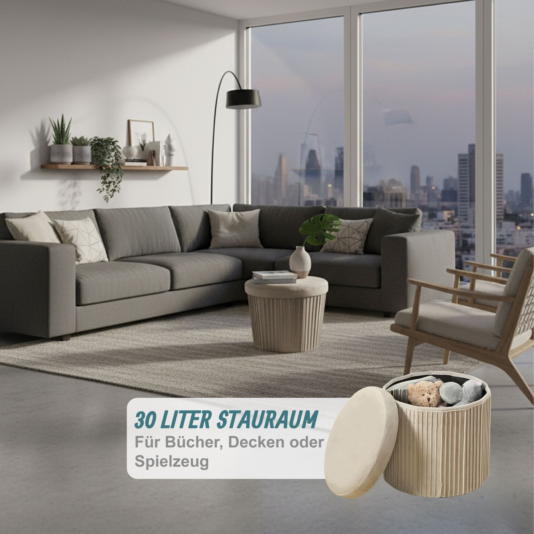Hocker Samt mit Stauraum Beige von Relaxdays