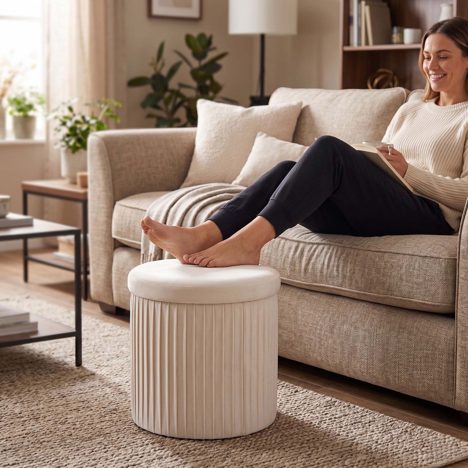 Hocker Samt mit Stauraum Creme von Relaxdays