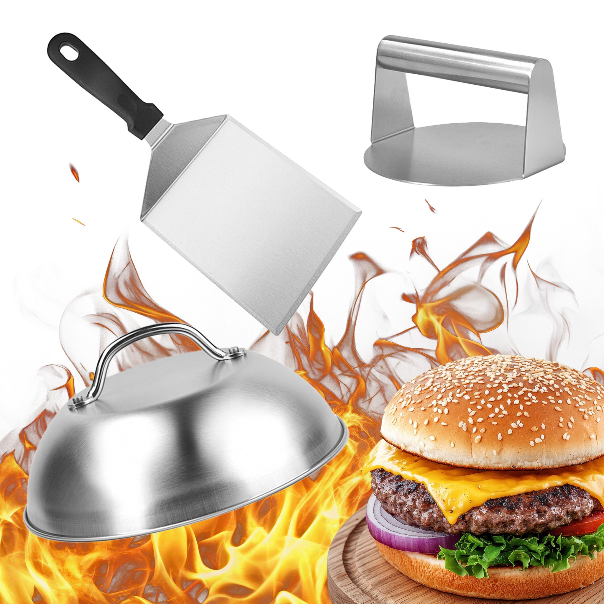 Smash Burger-Set 3-teilig Edelstahl Schwarz-Silber von Relaxdays