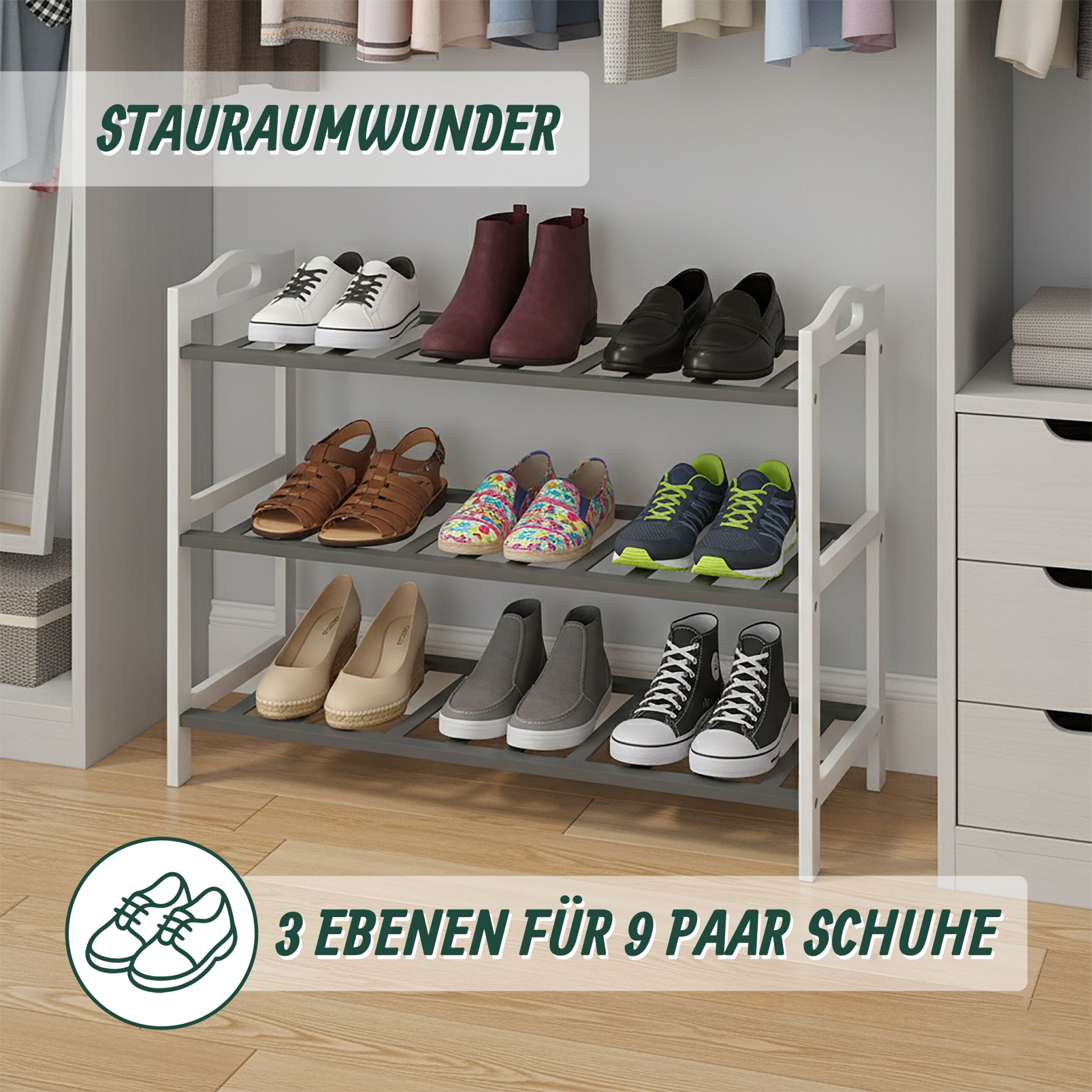 Schuhregal Bambus Weiss-Hellbraun von Relaxdays