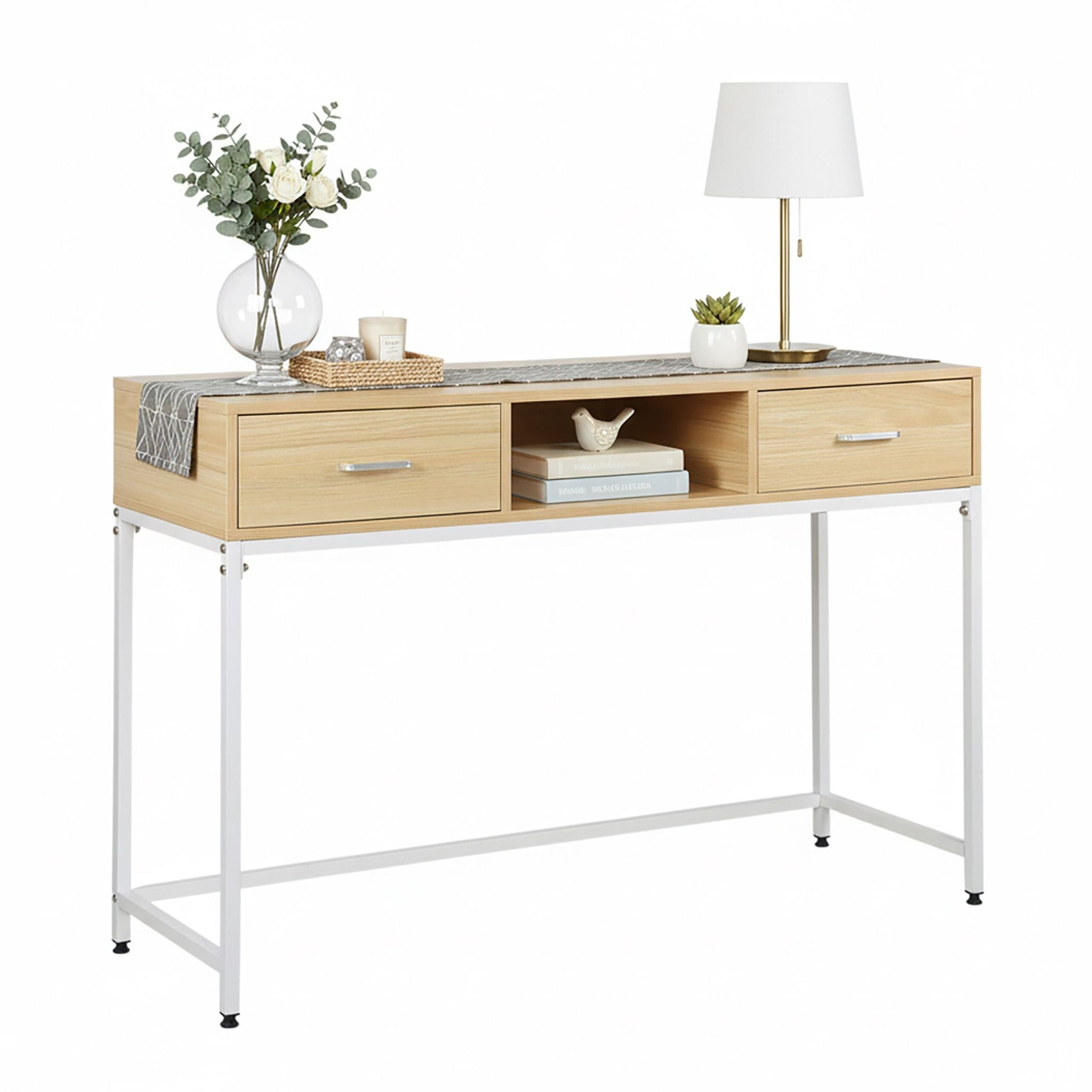 Konsolentisch 2 Schubladen offenes Fach Weiss-Hellbraun von Relaxdays